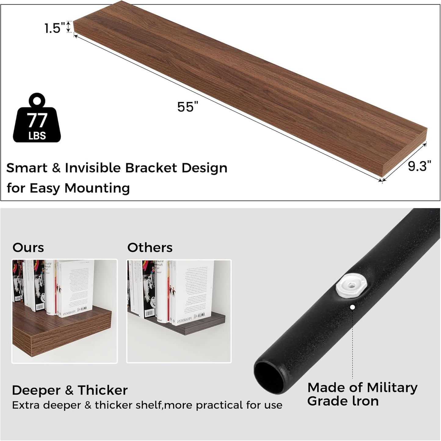 Floating Shelves for Wall, Large Wall Mounted Shelves with Invisible Brackets, Long Wood Floating Shelf for Living Room, Bedroom, Kitchen, (Walnut, 55" W x 9" D x 1.5" H)