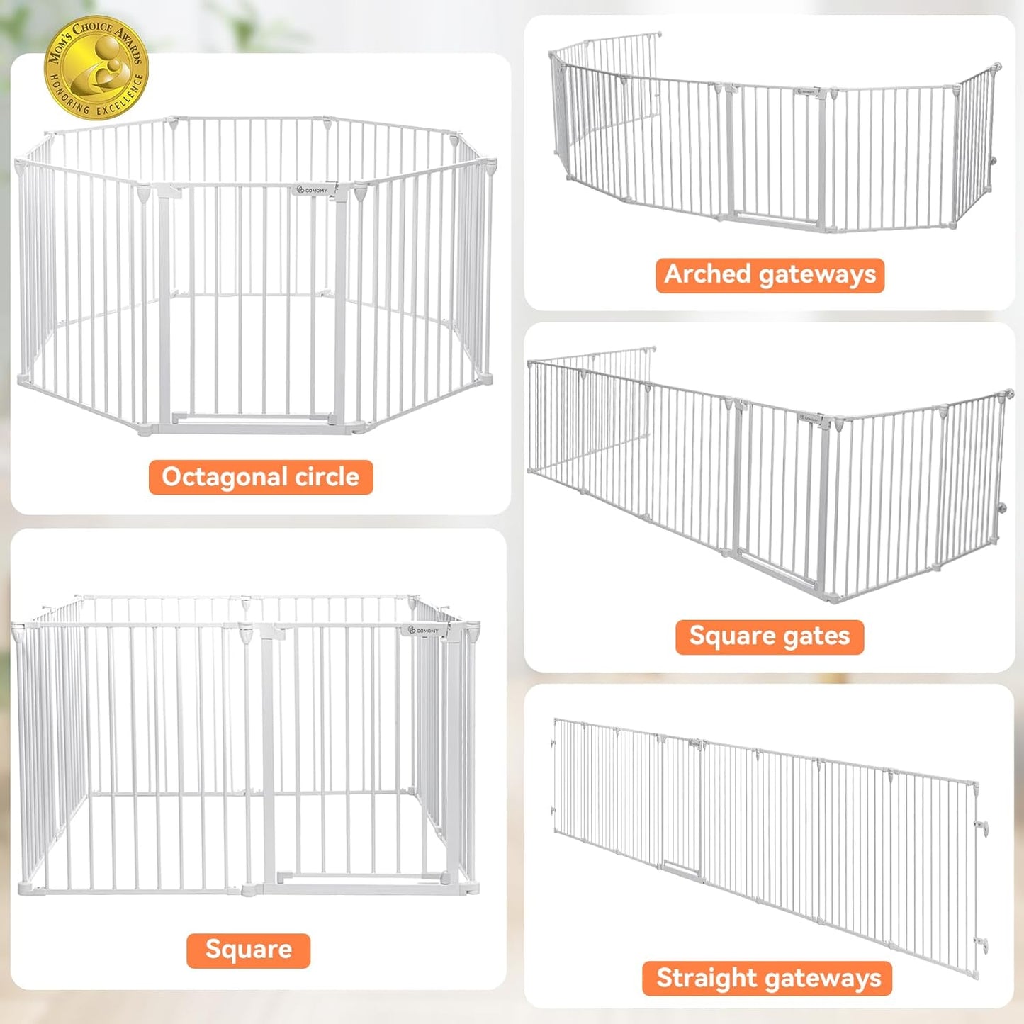 COMOMY 198" Baby Gate Extra Wide, Dog Gate Pet Gate for House Stairs Doorways Fireplace, Adjustable 3 in 1 Play Yard Child Safety Gate, Auto Close, Hardware Mounted (30" Tall, White)