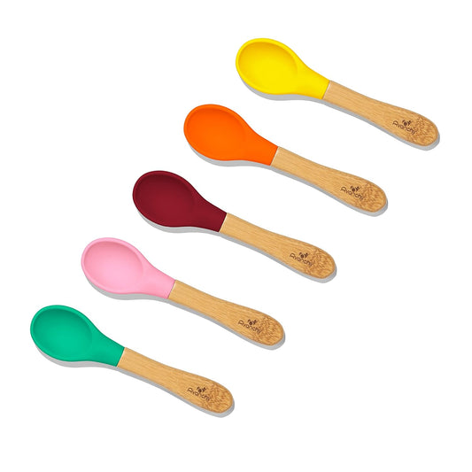 Avanchy Baby Spoons 5 Bamboo and Silicone Set, Self Feeding Food Utensils, 4 Months Baby Led Weaning, 5 Pack W/Pink