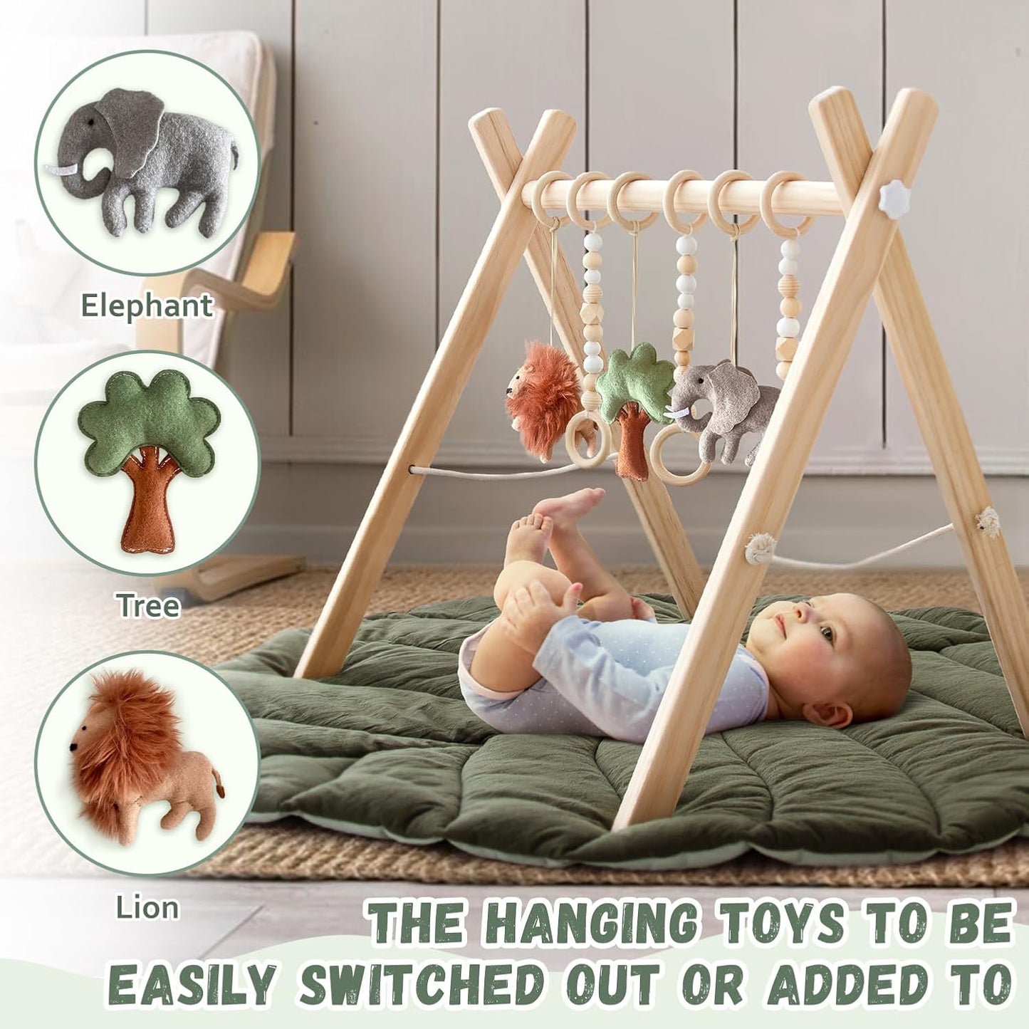 Razee Wooden Baby Play Gym Activity Mat, Leaf Shaped Play Mat Baby Gym with 6 Hanging Sensory Toys Foldable Baby Gym Newborn Infant Baby Use