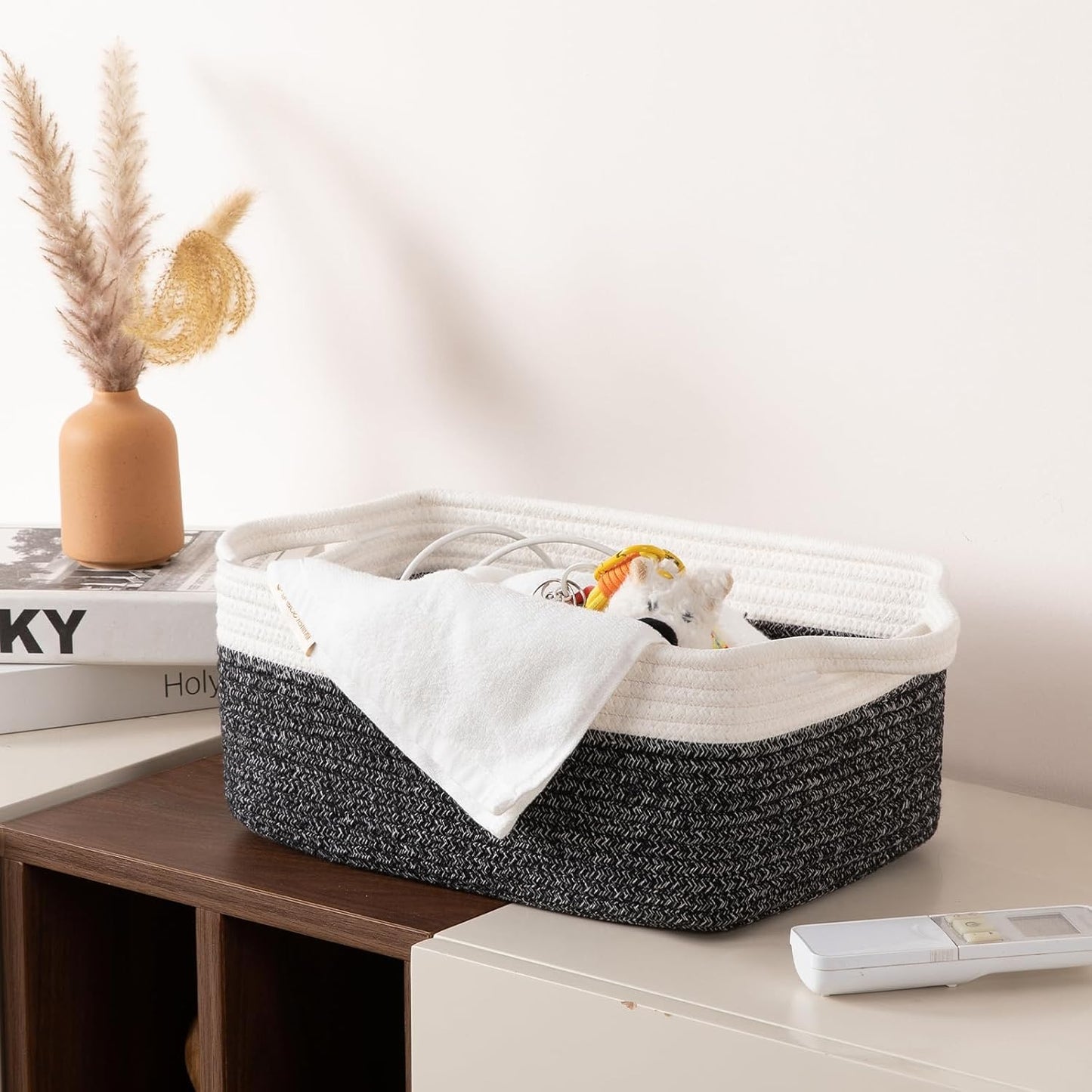 OIAHOMY 3 Pack Storage Baskets for Organizing, Woven Cotton Rope Basket for Shelves, Closet Organizer Bins with Handles, Rectangle Toy Organization, 13.78''×9.84''×5.5'', Black & White