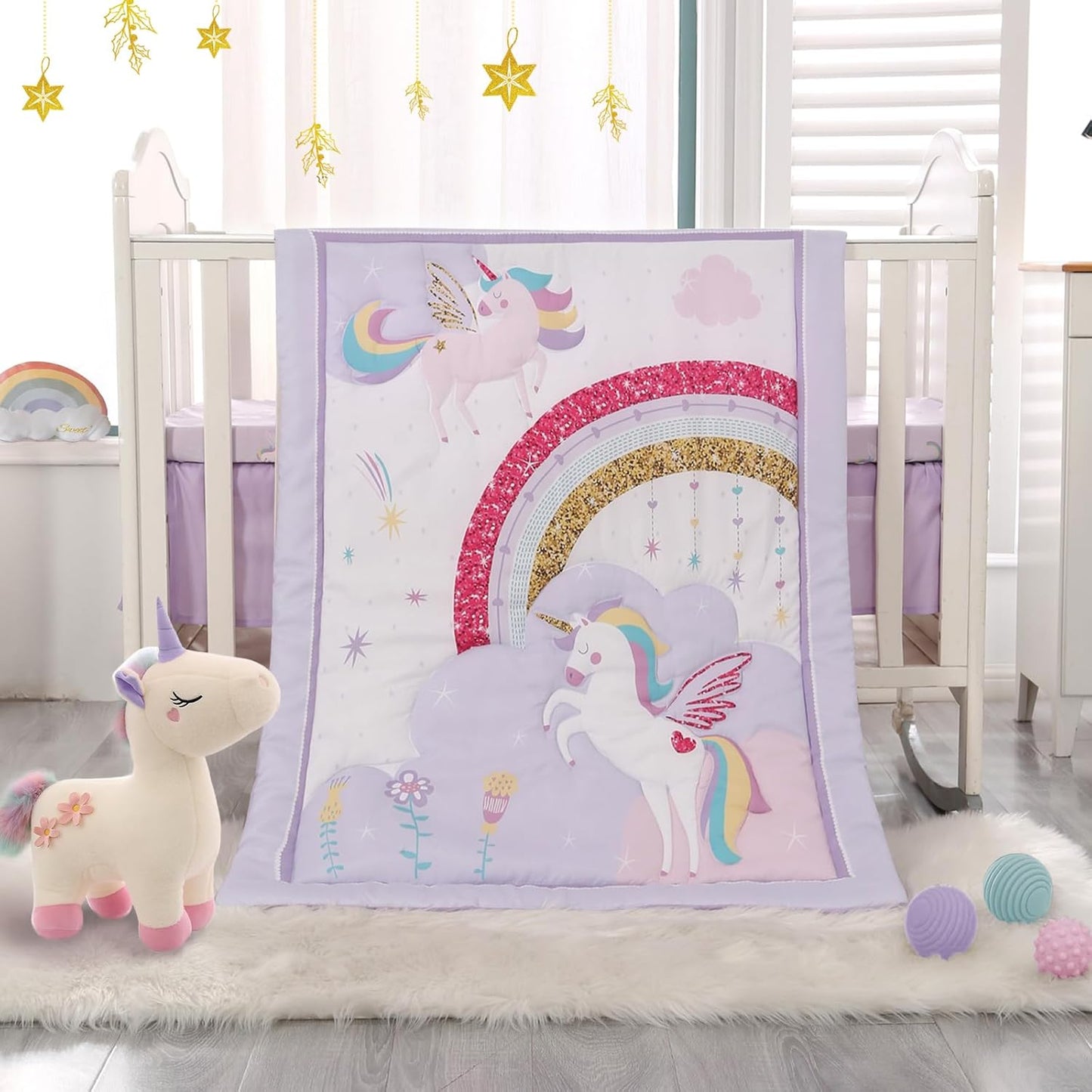 Wowelife Mini Girl Crib Bedding Set, 3 Piece Unicorn Mini Crib Comforter Set, Baby Girl Nursery Bedding Set Include Breathable Comforter, Crib Skirt and 38x24 Sheet, Purple