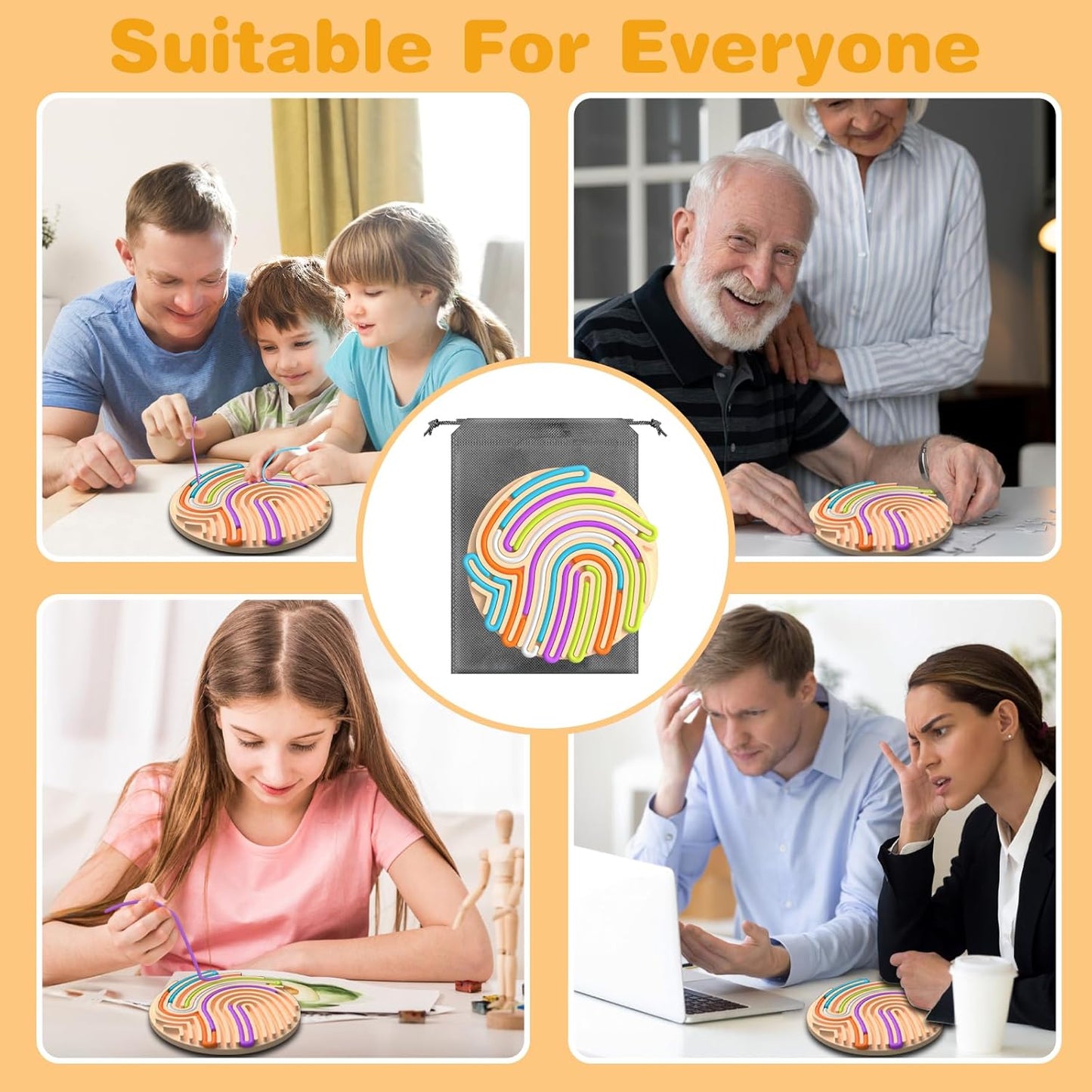 Sensory Activity Board Silicone Fidget Toys with Travel Bag and 13 Strings for Adults Kids Anxiety Relief Stress, ADHD & Autism (Beige, 6.6in)