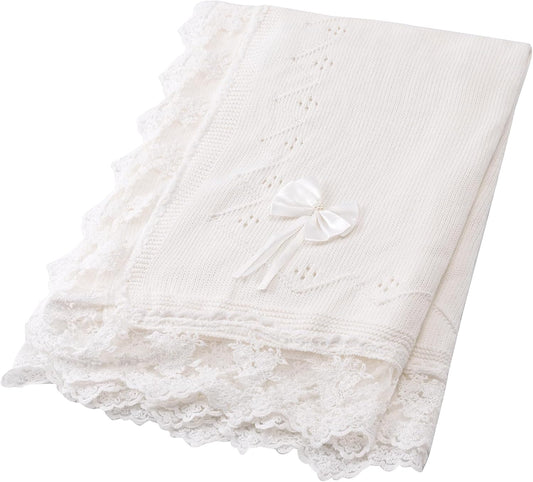 Booulfi Baby Blanket for Girls Boys Swaddles for Newborns Receiving Blankets Neutral Baptism Christening Knit White Baby Blanket Small Baby Crib Blanket, 37x42
