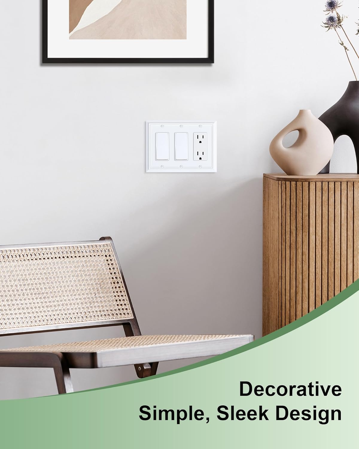 2-Pack Decorative Tripple Decorator Outlet Cover Plate, Durable Natural Bamboo Fiber Pure White Wall Plates for Electrical Outlets, Receptacle, GFCI Outlet, Dimmer Switch, 3-Gang, Corrosion Resistant