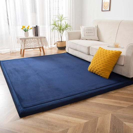 MAXYOYO Coral Velvet Area Rug, Thick Japanese Tatami Mat Living Room Carpet with Non-Slip Backing, Large Solid Color Mat for Bedroom Dormitory Yoga, Navy, 78 by 158 inch