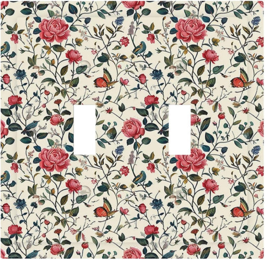 Decorative Switch Plates Vintage Flowers Rose Leaf Bird Butterfly 2 Gang Double Toggle Outlet Light Switch Cover Wall Plate Electrical Faceplate for Bedroom living Room Decor
