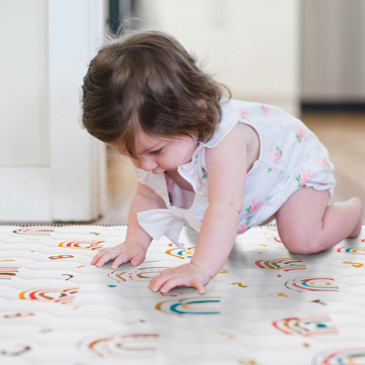Boho Rainbow Baby Play Mat 50x50 Playpen Mat Thicken Soft Baby Crawling Mat Non-Slip Cushioned Baby Floor Mat with Letters, Activity Playmats for Babies Toddlers Play & Tummy Time (50X50,White)