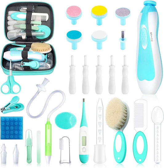 Baby Healthcare and Grooming Kit, 28 in 1 Portable Baby Essentials Kit Electric Nail Trimmer Set with Gas Relief Hair Brush Comb Nasal Aspirator for Newborn Boys Girls (Green)