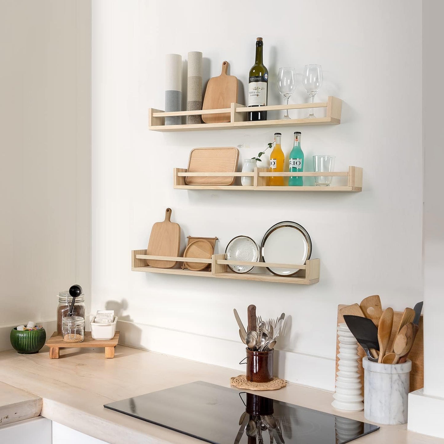 Nursery Bookshelves Wall Mounted，32inch，Set of 3, Wood Floating Wall Bookshelf for Kids,Natural Wood Color,Hanging Shelf for Baby Nursery Room Decor, Pine