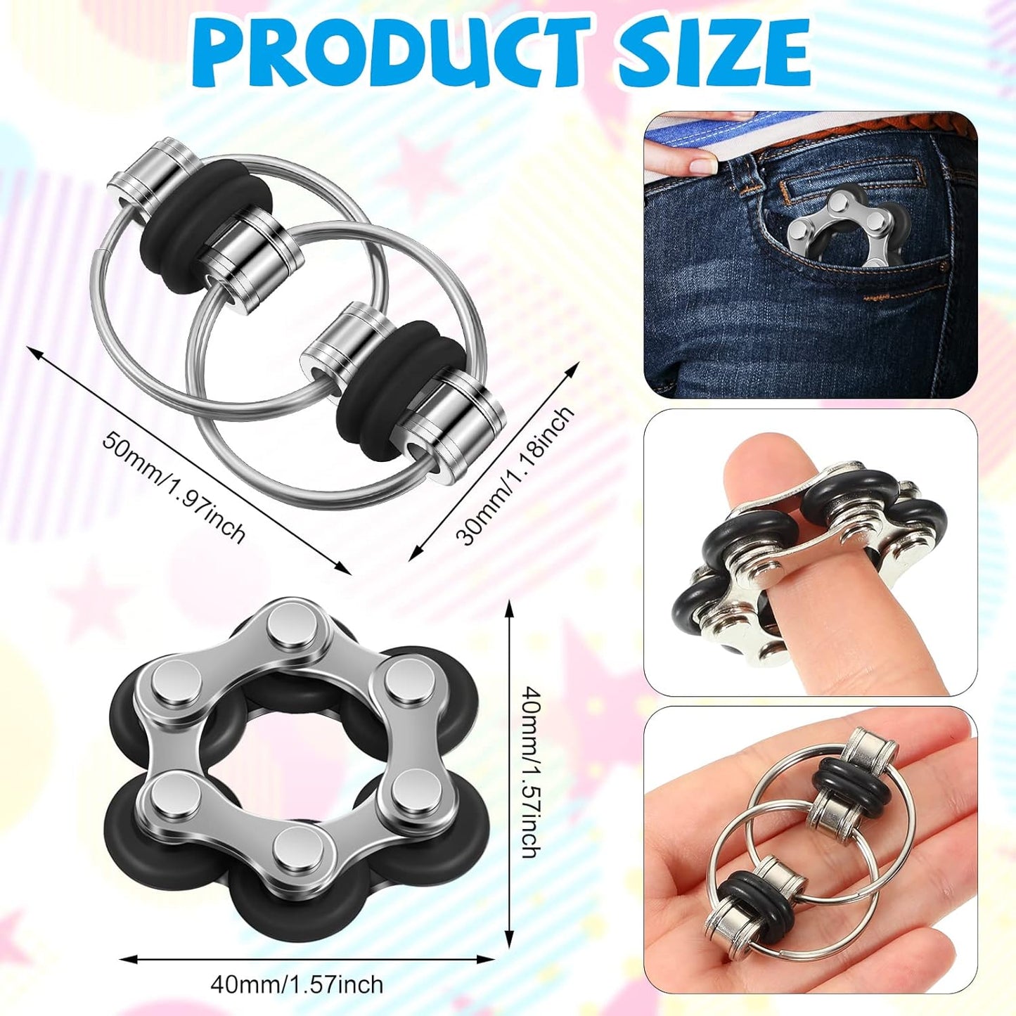 CHENGU 16 Pcs Fidget Toys Set Include 8 Six Roller Chain and 8 Key Flippy Chain Stress Reducer Bike Chain Toys Anxiety Relief Bike Chain for Teens Adults ADHD, Add, Autism (Black)