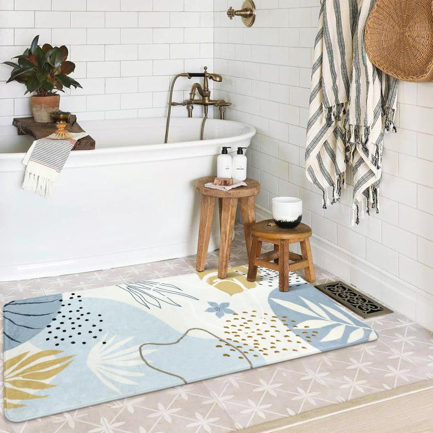 Lahome Boho Rug Runner - 2x4 Area Rug Non-Slip Washable Soft Bathroom Runner Rug Small Throw Long Bath Rug Blue Kitchen Runner, Botanical Print Foor Mats Runner Rug for Bedroom Hallway Laundry Room