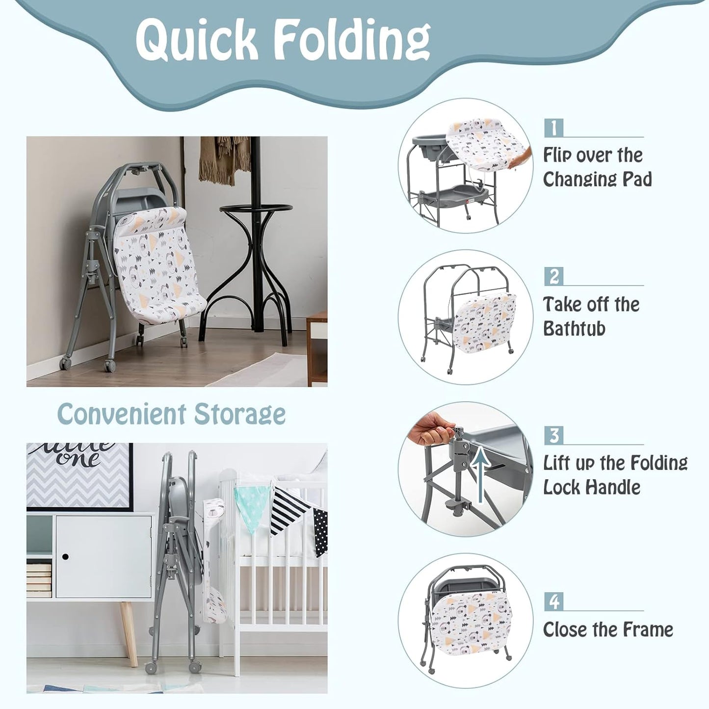 BABY JOY Baby Bathtub with Changing Table, Foldable Infant Diaper Changing Station with Storage Tray, Waterproof Pad, Portable Newborn Nursery Organizer Bath Stand with 4 Universal Wheels (Gray)