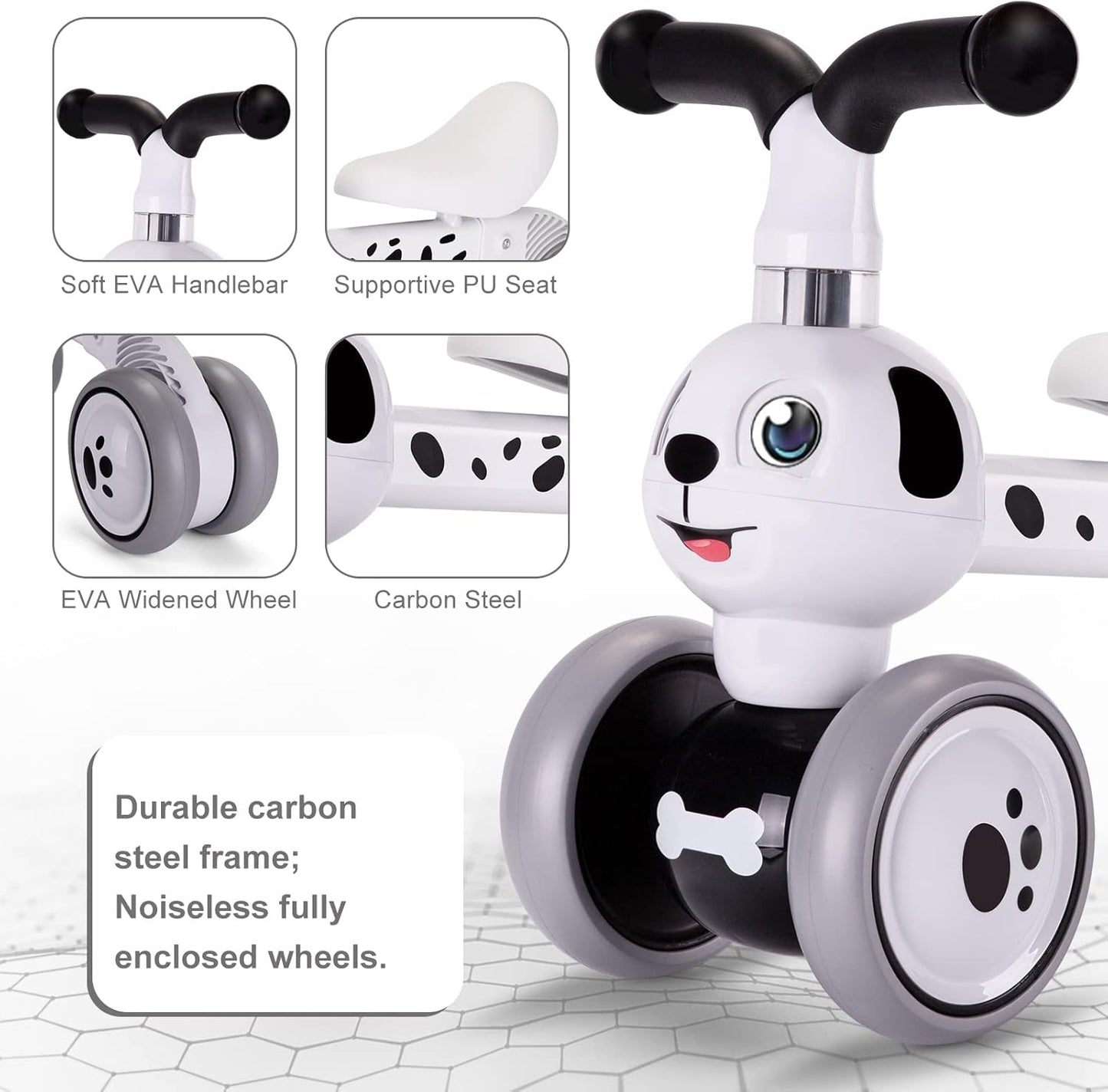 YGJT Baby Balance Bike Toys for 1 Year Old, Birthday Gifts for Boys and Girls, Silent Wheels & Non-Pedal Baby Walker Riding Toys for 10-36 Months Toddlers, Kids First Bike Gifts Spotty Dog