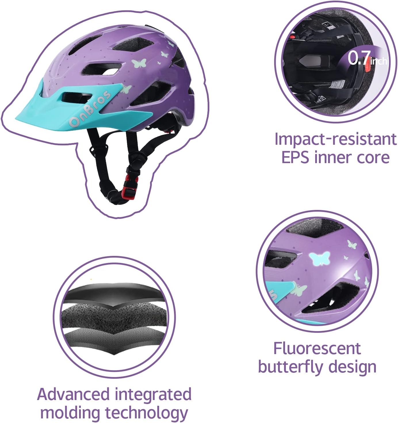 OnBros Kids Bike Helmet - Bike Helmets for 5-14 Boys or Girls with Visor, Children Bicycle Helmet for Skateboard Mountain Scooter Road Cycling, Lightweight and Adjustable 50-57CM