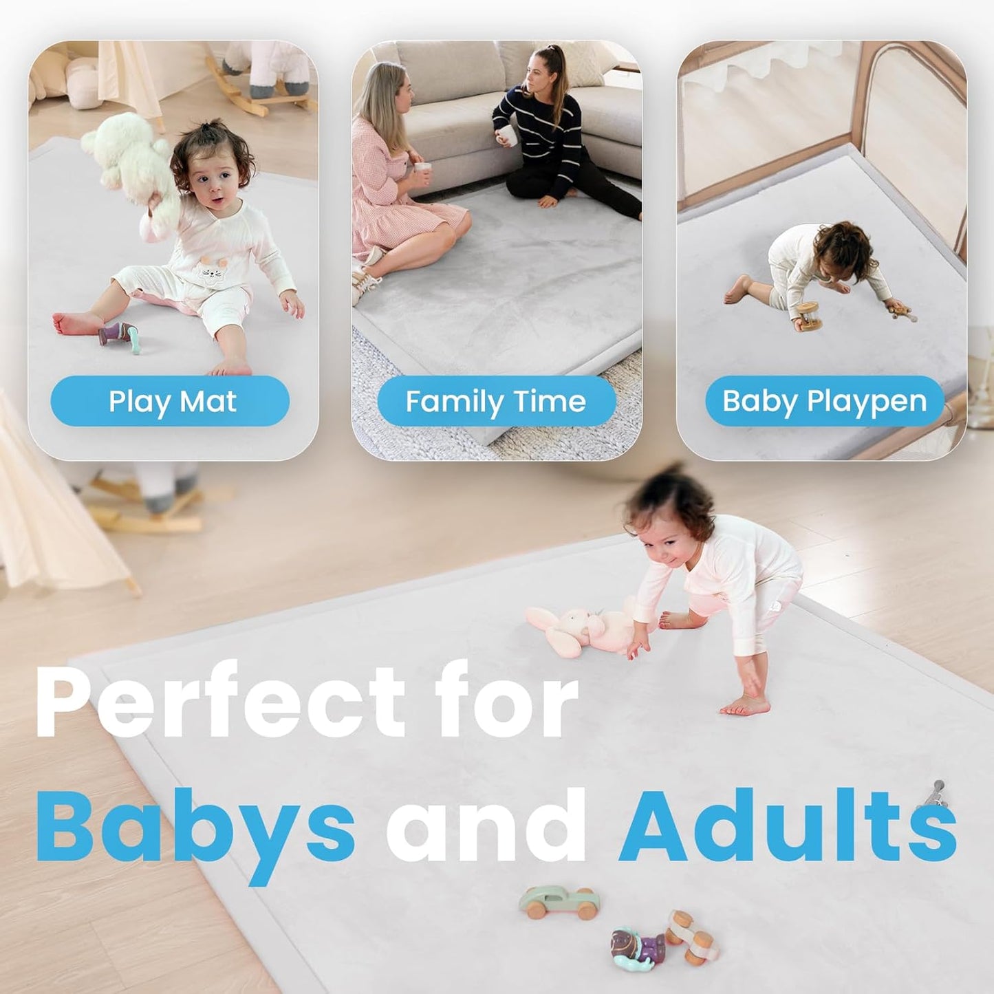 Baby Play Mat for Kids Room,Extra Thick Elasti-Foam Anti-Fall Cushion Mat for Babies,Toddlers,Infants,Water-Repellent&Non-Slip Bedroom Bedside Rugs(Light Grey)