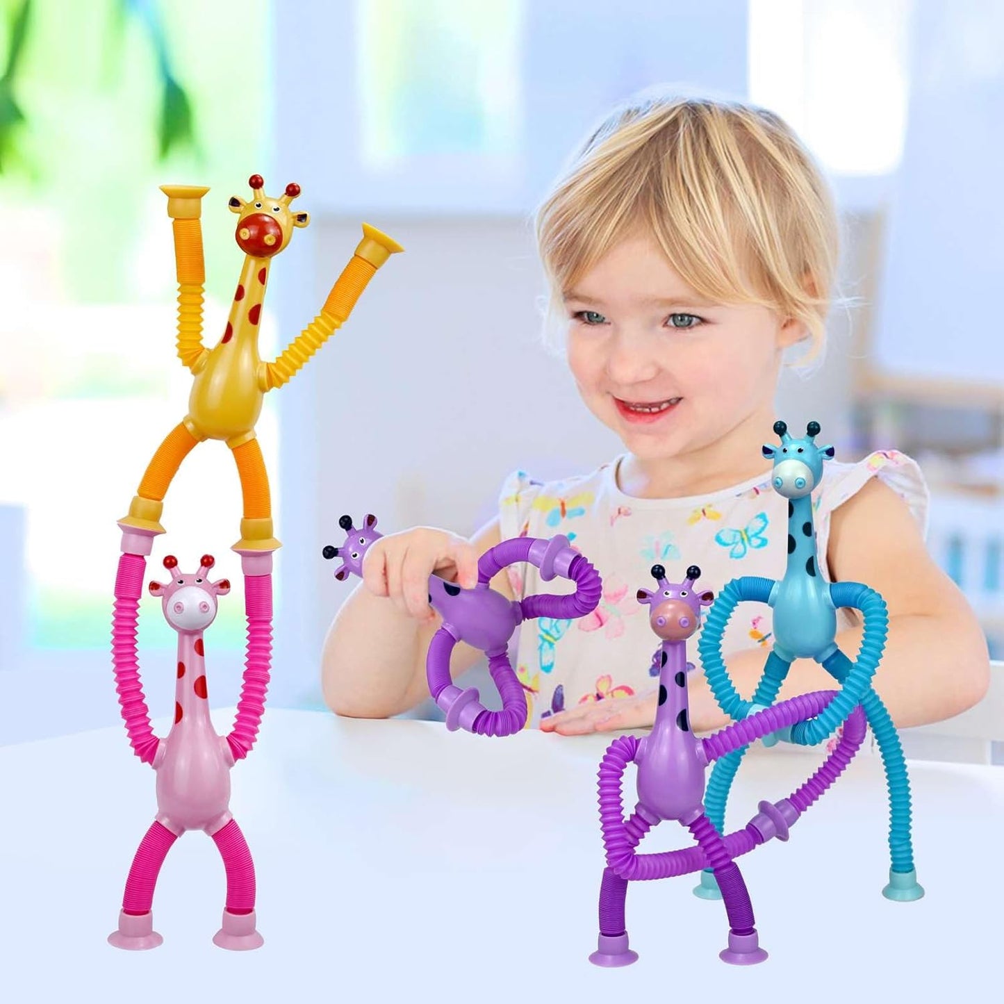 4 Pack Telescopic Suction Cup Giraffe Toy, Pop Tubes Baby Fidget Toys, Fine Motor Skills and Creative Learning, Autism Sensory Toys for Kids Toddler Age 3 4 5 6 Year Old, Boy Girl Gift