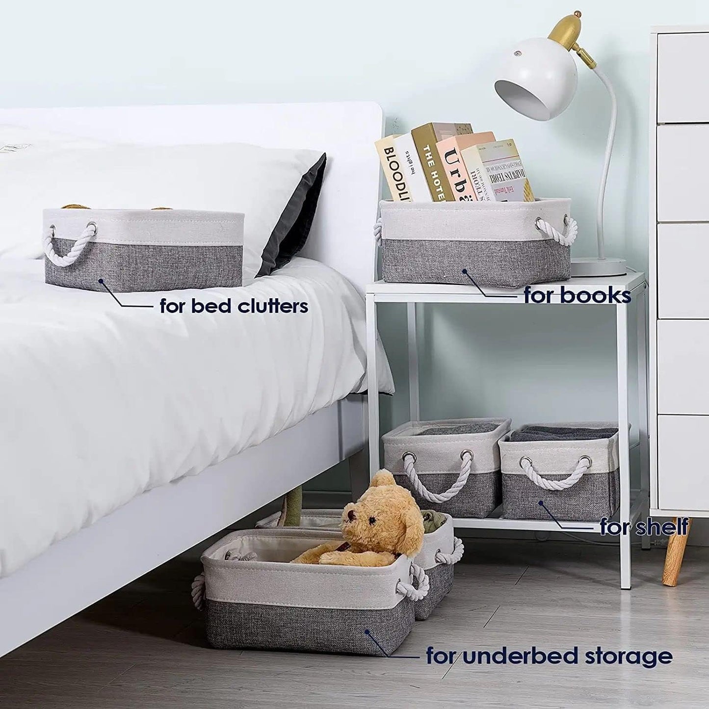 Fabric Storage Bins 12x8x5 inch [6-Pack] with Rope Handles - Decorative Baskets for Organizing