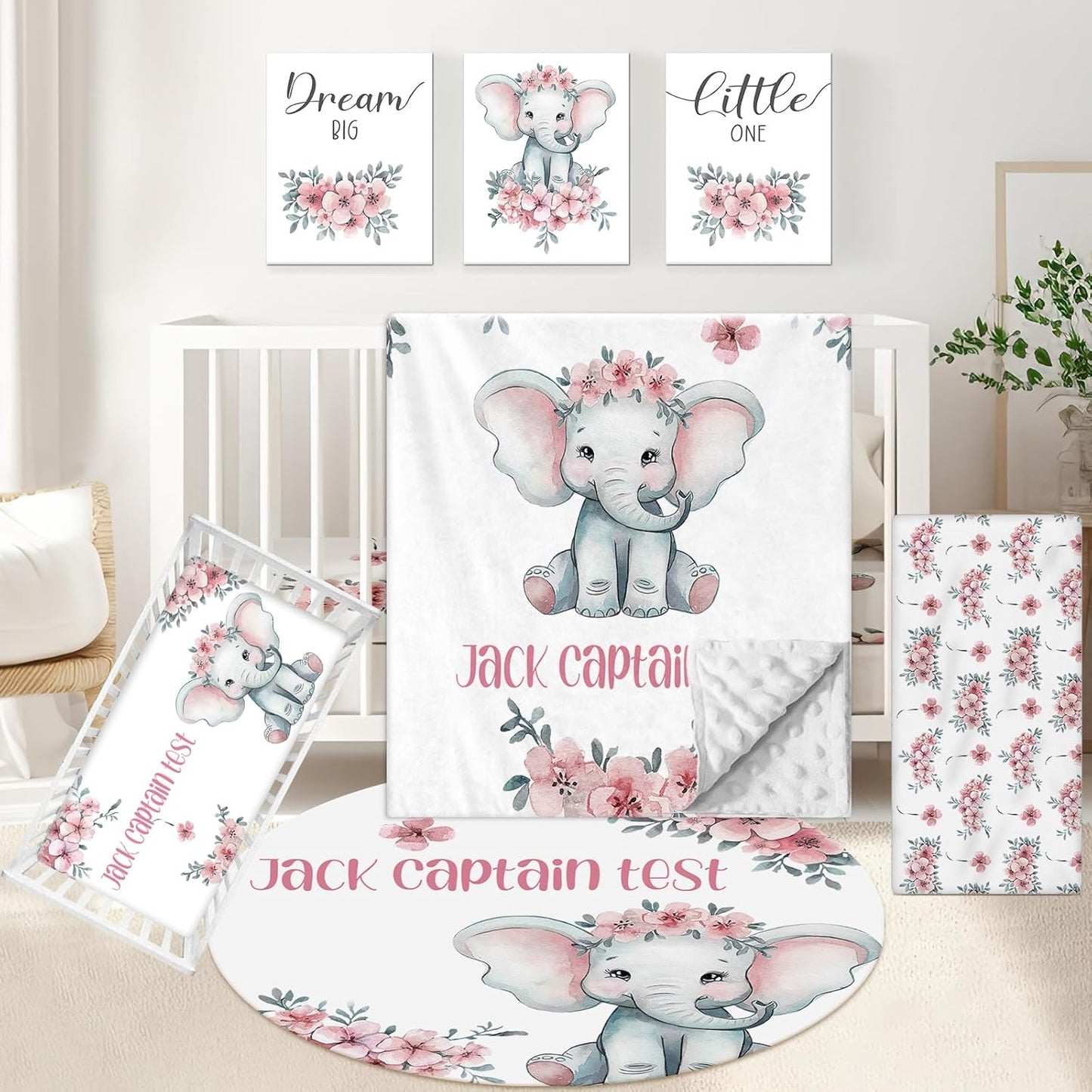 Personalized Nursery Bedding Set, 5 Pcs Custom Crib Sets, Soft Baby Girl Set with Name, Double Layer Elephant Infant Bedding Set Customized Gifts for Toddlers