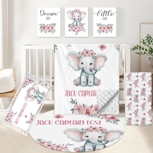 Personalized Nursery Bedding Set, 5 Pcs Custom Crib Sets, Soft Baby Girl Set with Name, Double Layer Elephant Infant Bedding Set Customized Gifts for Toddlers