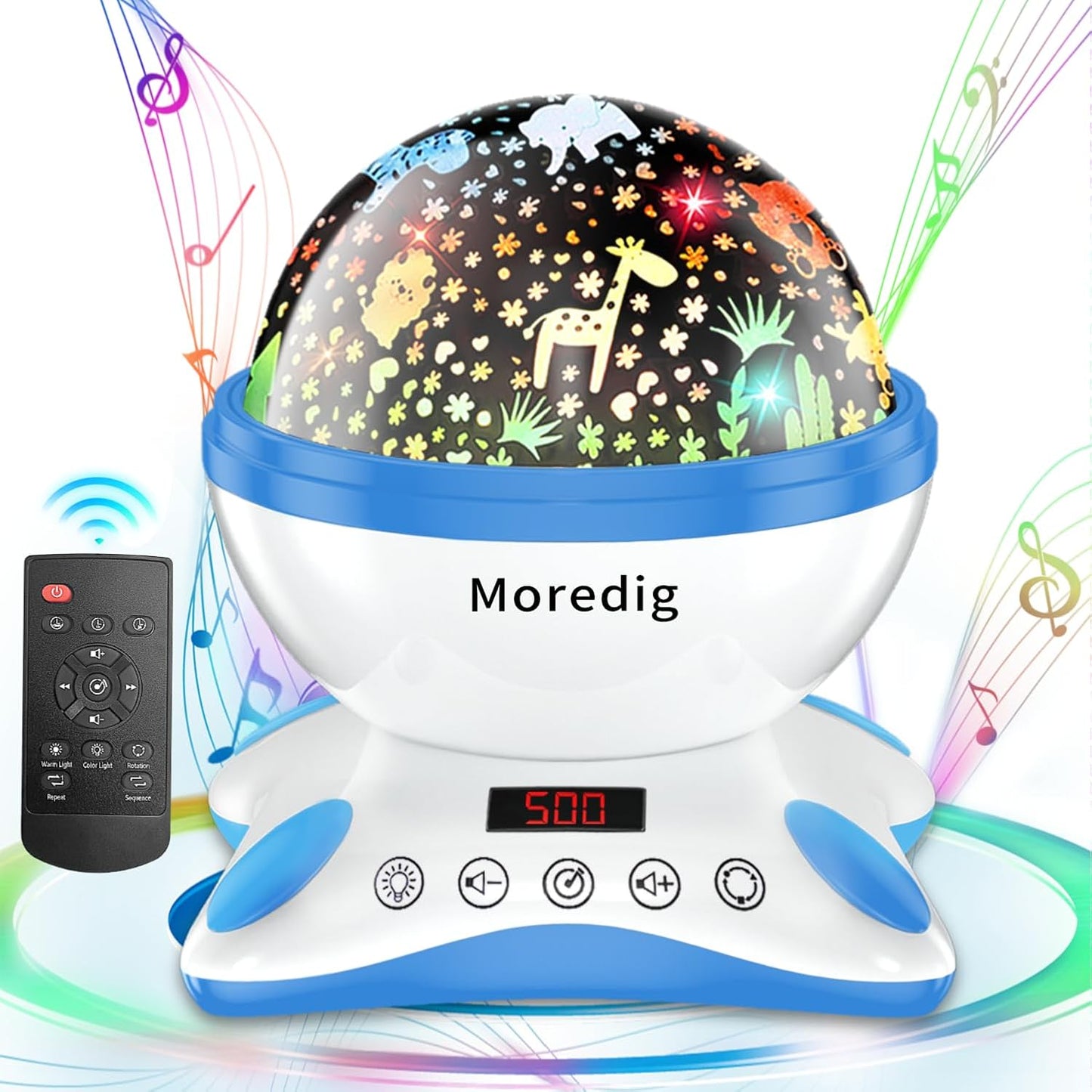 Moredig Kids Night Light Projector, Remote Baby Night Lights for Kids Room with 12 Music Nursery Night Light Projector for Kids Timer 2 Projections 18 Light Modes, Gifts for Baby Kids-Blue