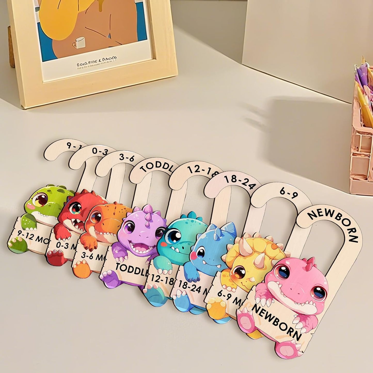 Baby Clothes Dividers for Closet - Wooden Baby Size Closet Dividers Newborn to 24 Months, Unique Dinosaur Design Babies Clothes Organizer for Nursery Decor Gender-Neutral Newborn Hangers (Set of 8)