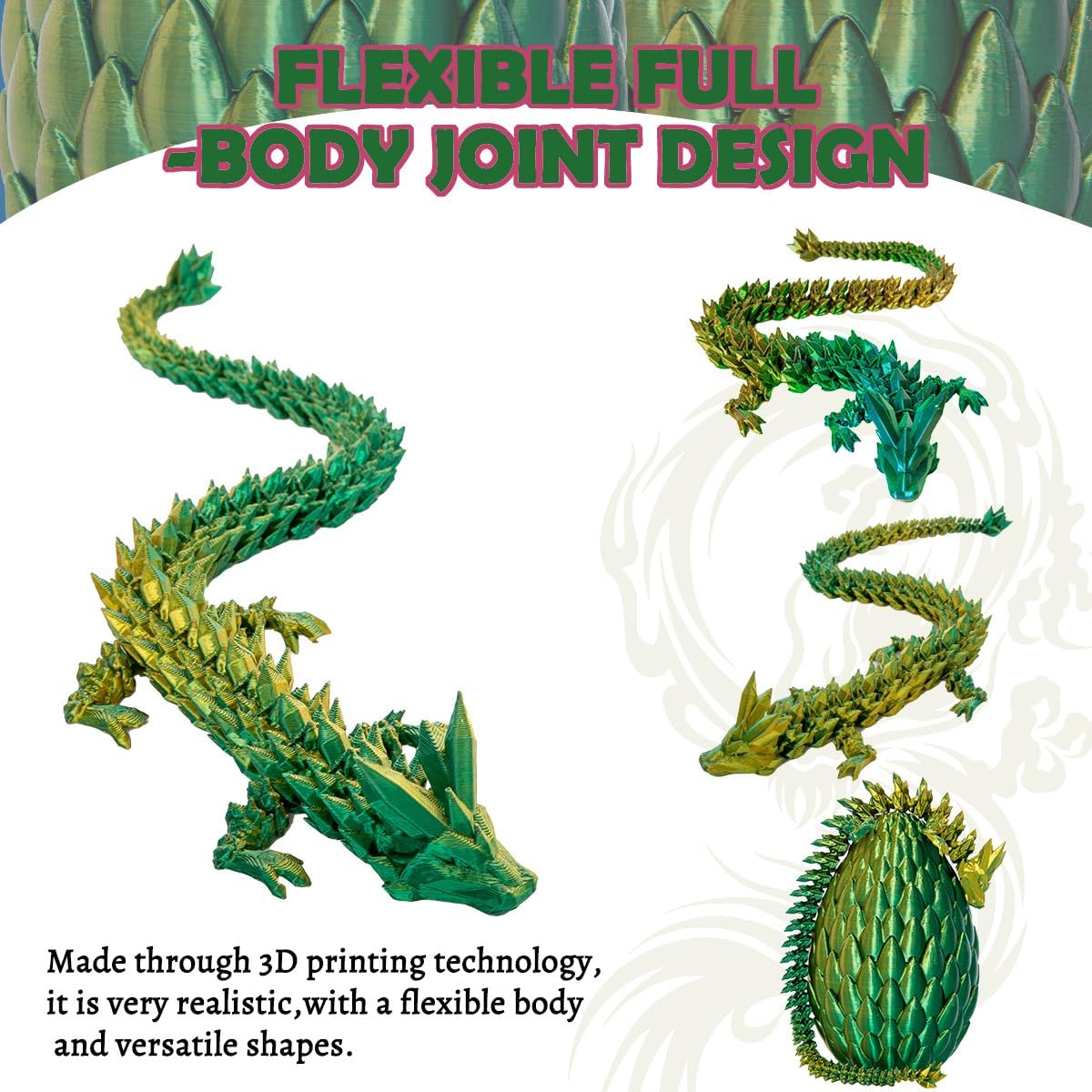 Dragon Eggs with Dragon Inside, 12In Laser Gold Green 3D Printed Dragon Egg Fidget Toy, Executive Desk Articulated Dragon Toy, Home Office Decor