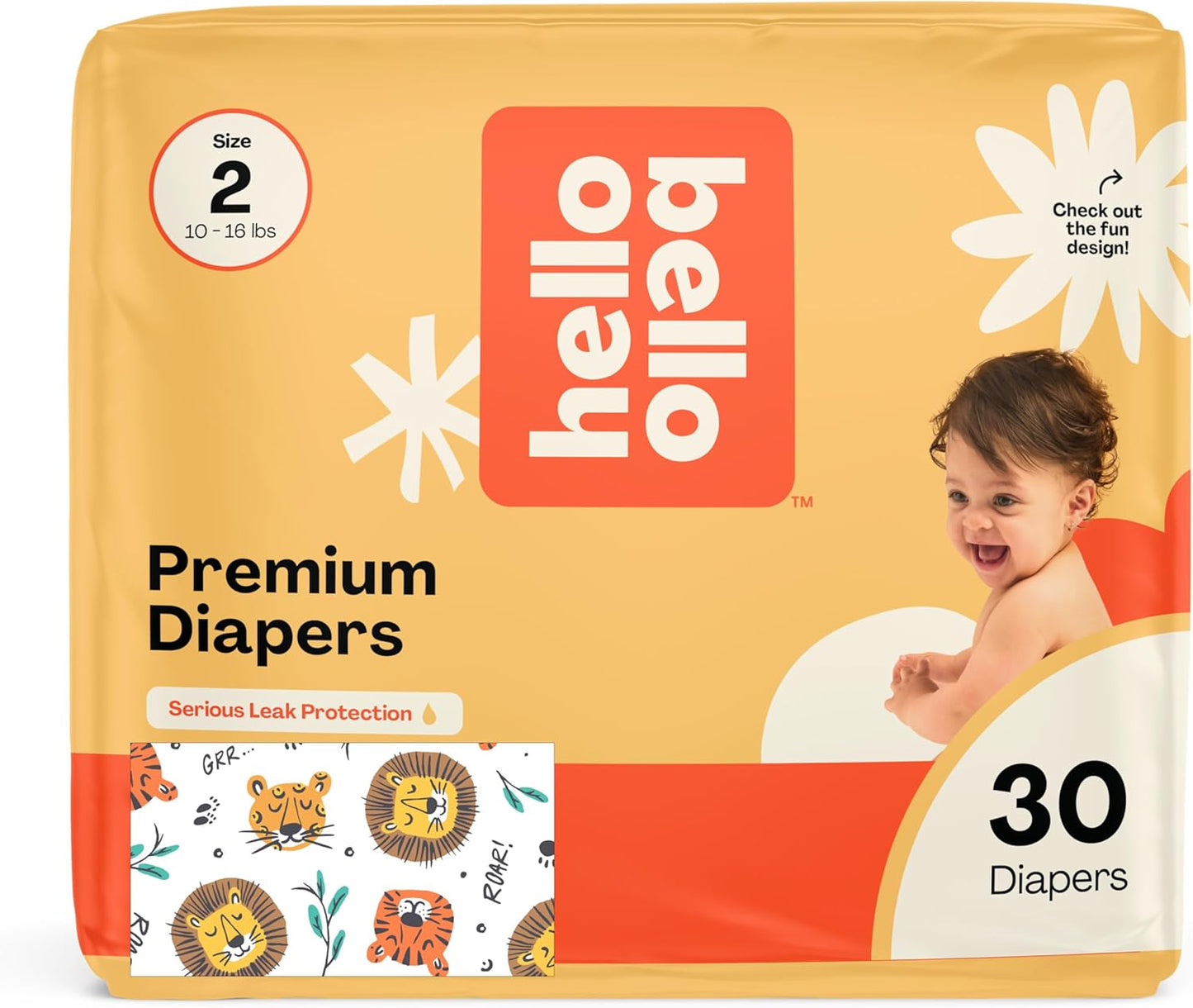 Hello Bello Diapers, Size 2 (10-16 lbs) Wild Cats, 30 Count of Premium Disposable Baby Diapers, Hypoallergenic with Soft, Cloth-Like Feel