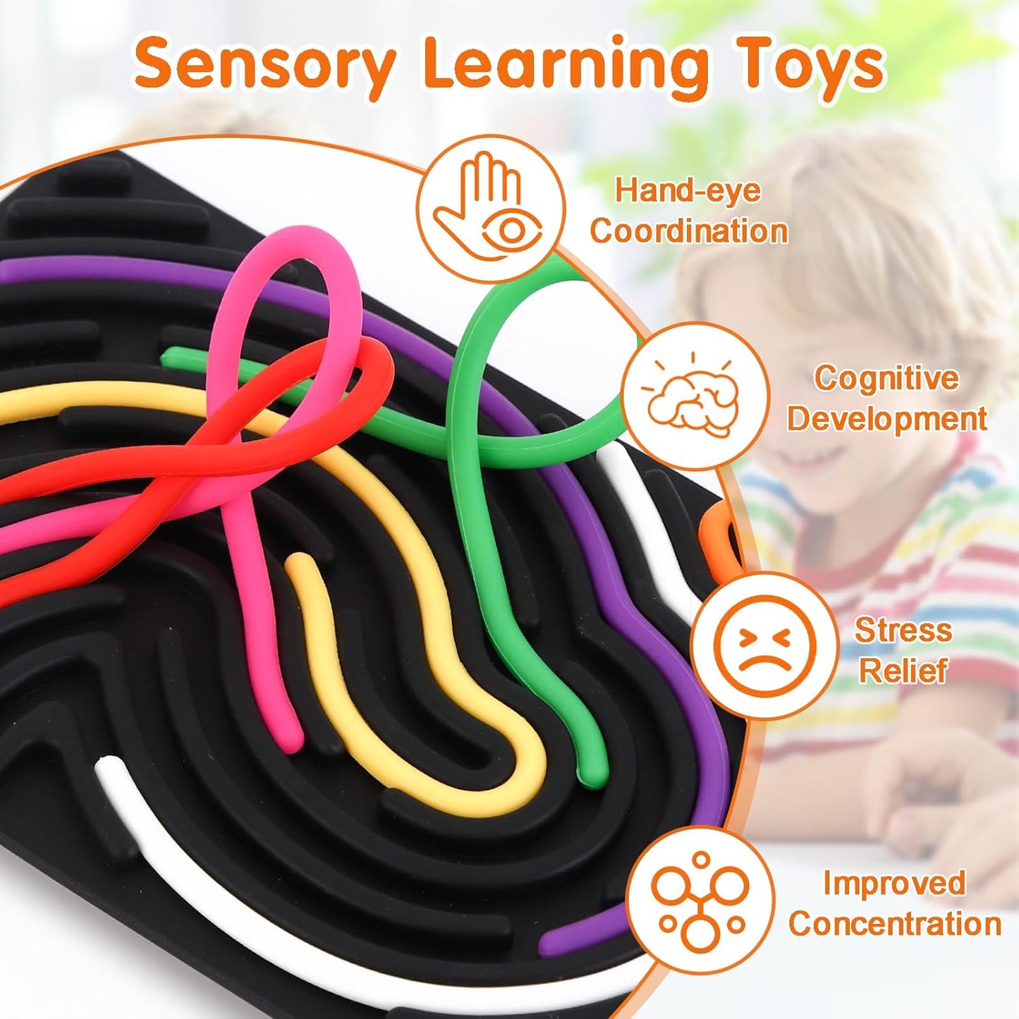 2psc Fidget Toys Sensory Activity Board with 20 Strings, Silicone Sensory Toys for ADHD Autism Stress Relief, Educational Learning Toys for Kids 3+ Years Old, Black & Orange