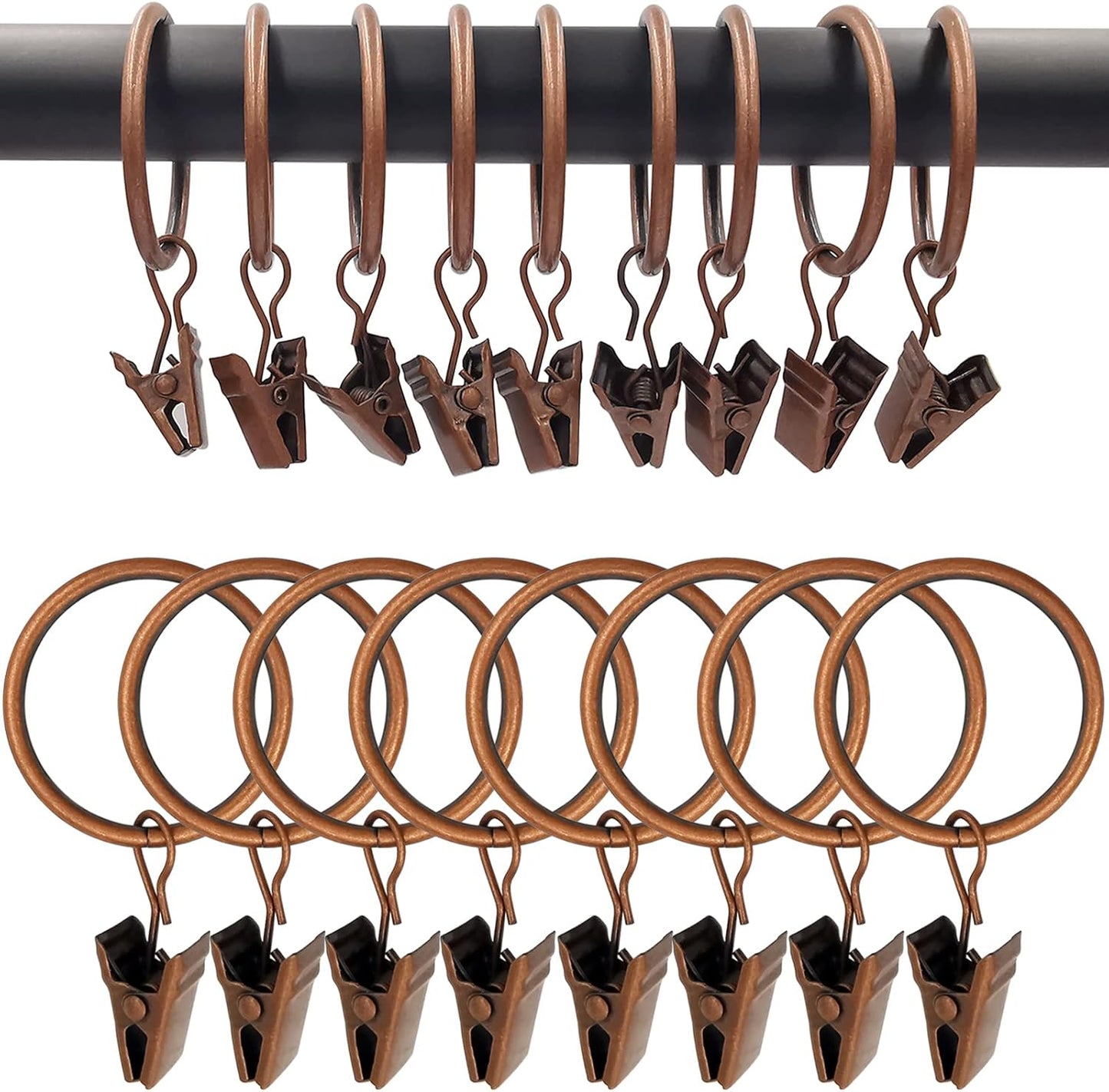 100 Pack Antique Copper Curtain Rings with Clips, Curtain Hooks Hangers Clip Rings for Hanging Drapes Bows Hat, Drapery Rings 1.26 in I D, Fits up to 1 in Diameter Curtain Rod.