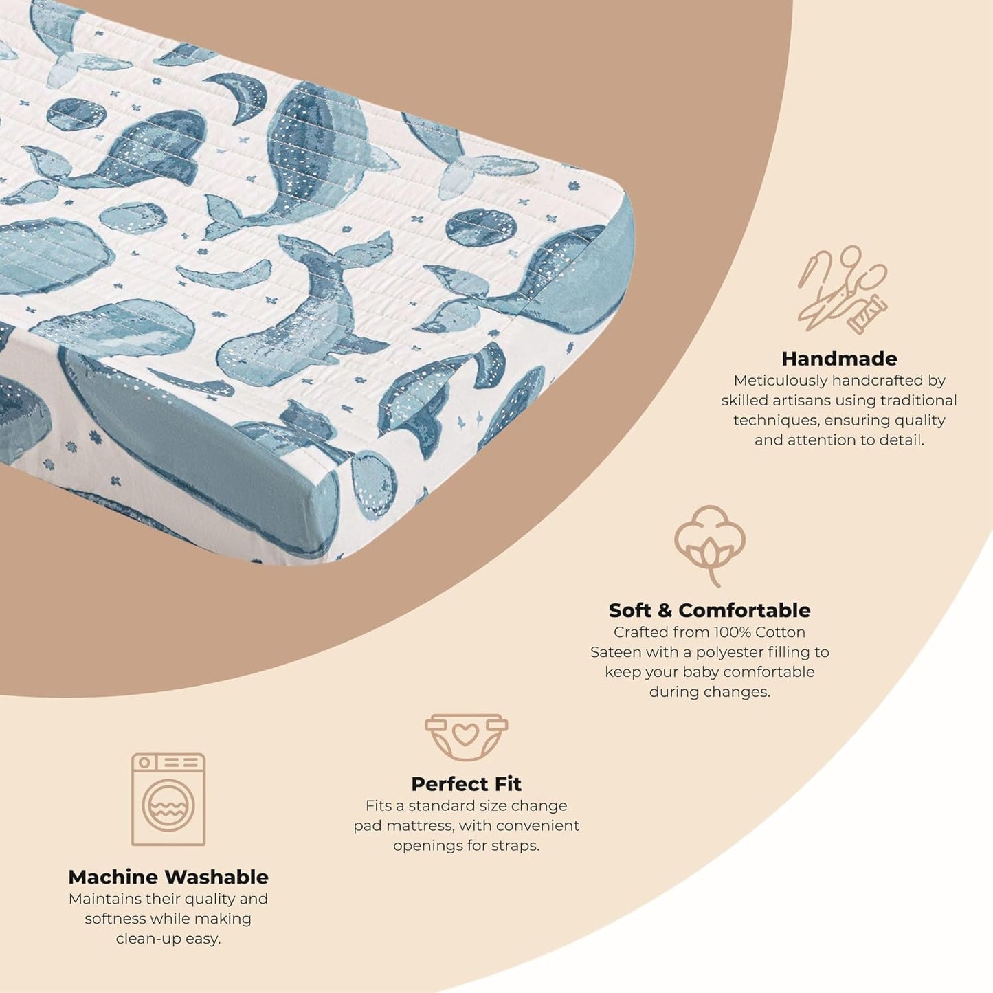 Crane Baby Quilted Changing Pad Cover with Animal Print, Breathable Cotton Sateen, Fits Standard 16”X32” Pads, Ocean Whale Blue