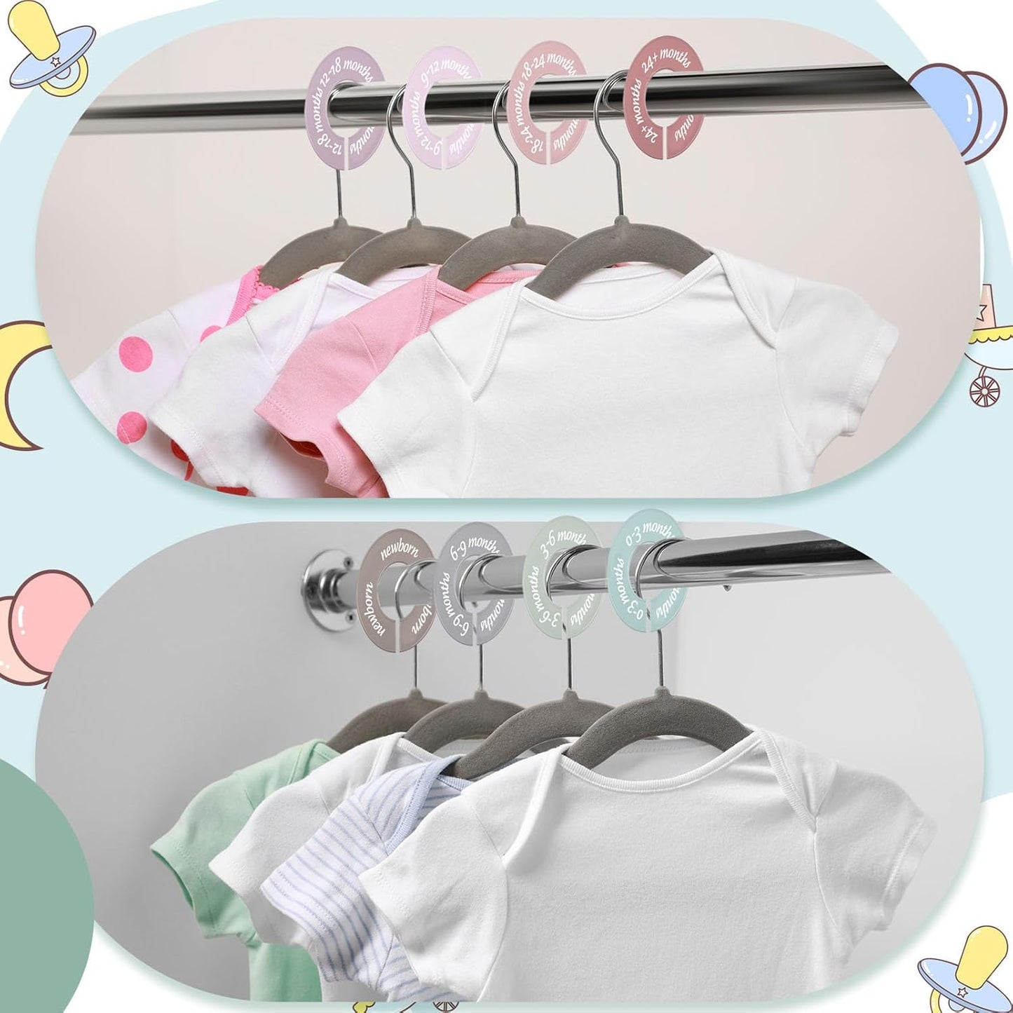 8 Pcs Baby Closet Dividers Unisex Baby Clothes Organizers Clear Labels for Nursery Closet Organizer & Decor Nursery Fits Most Rods (Retro,Bright Color)