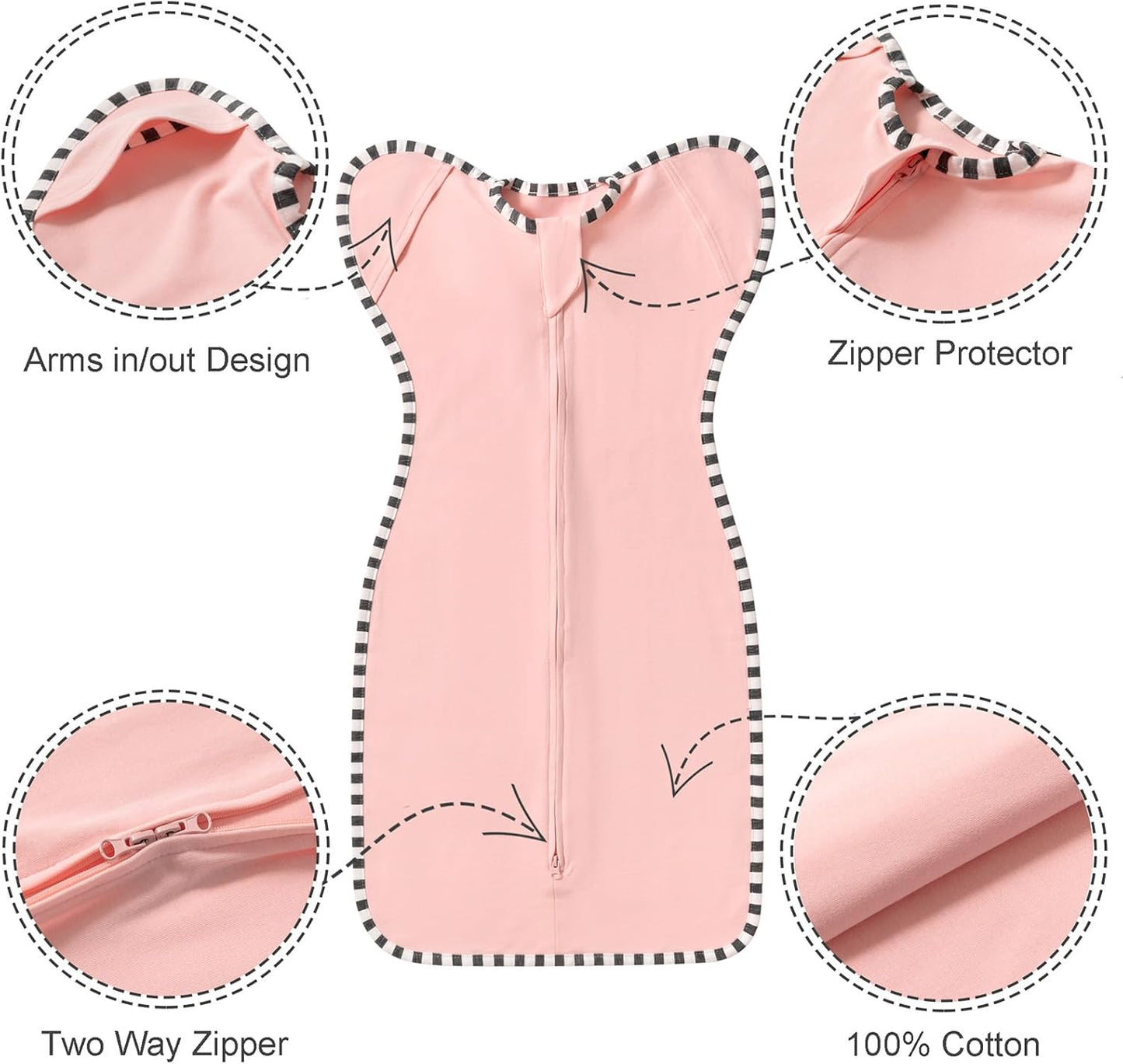 Transition Swaddle, 2 Pack 100% Cotton Baby Sleep Sack, 2-Way Zipper Infant Arm Up Swaddle for Newborn Baby Boys Girls (Pink + Beige, L(6-9 Months))