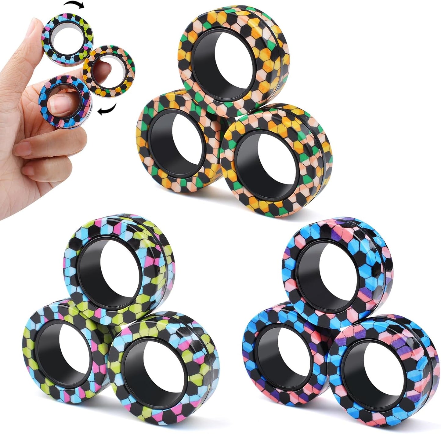 Cevioce 9Pcs Magnetic Rings Fidget Toy Set, ADHD Anxiety Magnetic Fidget Toys Adults Fidget Spinner Rings for Relief, Gifts for 8+ Year Old Teen Boy Girl B