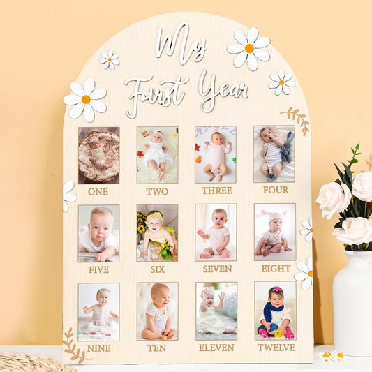 Daisy First Year Photo Board Flower Birthday Party Wooden Board Decorations 12 Monthly Milestone Picture Frame One Year Old Wood Sign 1st Birthday Photo Banner for Baby Girls Keepsake Gift Supply