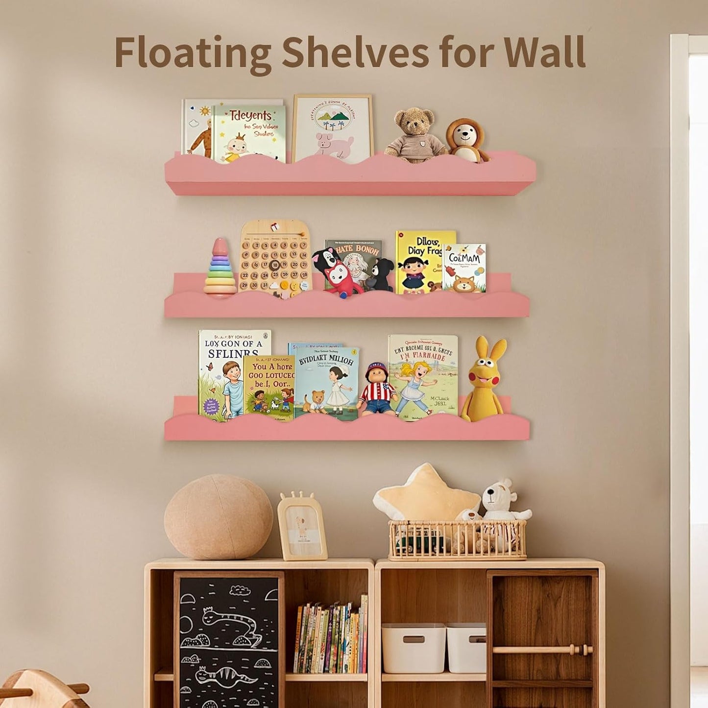 Nursery Book Shelves, 4 Pack Pink Floating Shelves for Wall, Wood Scalloped Shelves for Storage Books, Wall Book Shelf for Kids Rooms, Bedroom, Toddler Room, Baby Room, Nursery Decor