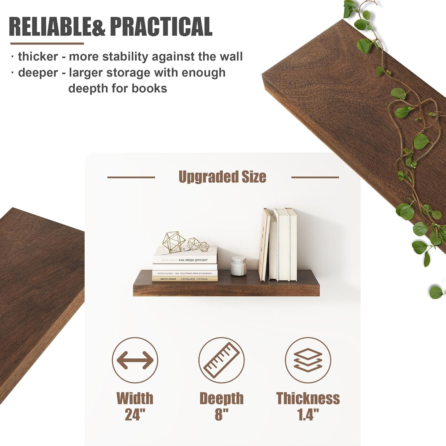 Floating Shelves for Wall, USA-Sourced Walnut Wood 24 Inch Wall Shelves Set of 2, Natural Wooden Wall Mounted Picture Ledge Shelf, Nursery Book Storage Shelf Kids Bookshelf, Display Shelf for Bathroom