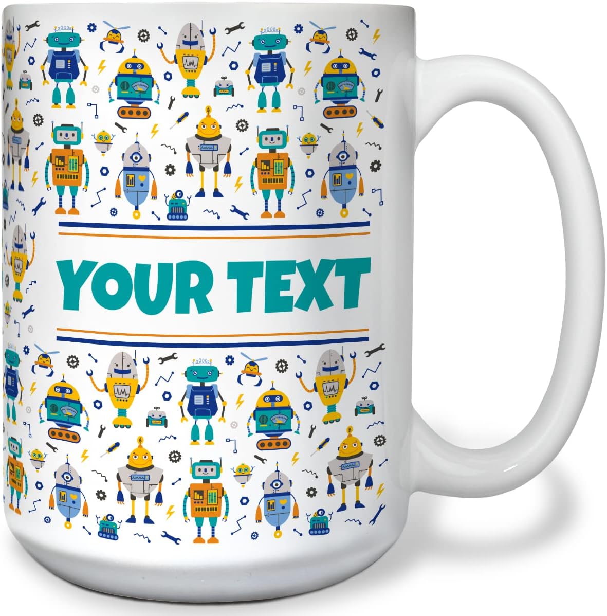 Personalized Mug for Kids - Robots - Custom Name/Text, Ceramic Hot Chocolate/Cocoa/Coffee Cup for Boys, Birthday/Christmas/Holiday Gift - 15 oz, White Handle