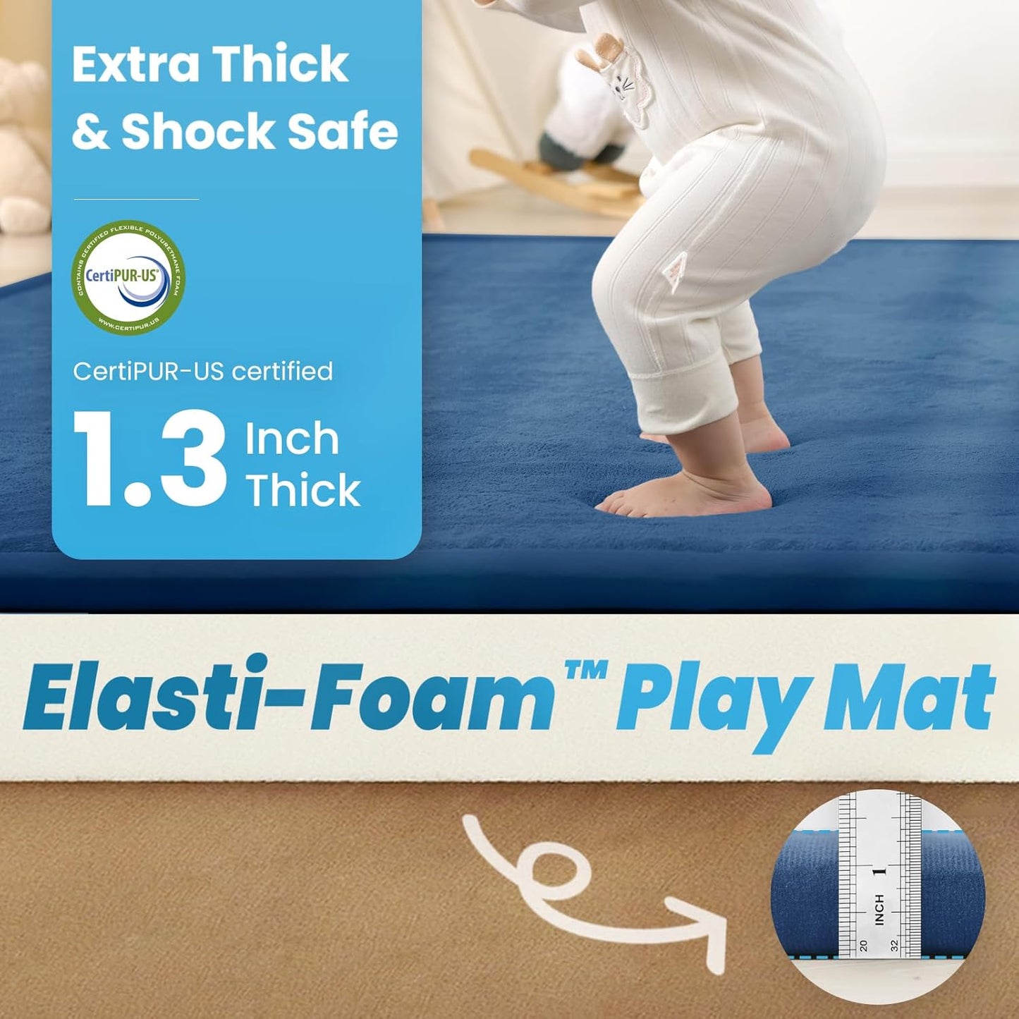 Ultra Soft Baby Play Mat,79"×79" Extra Large Activity Tummy Time Mat for Toddlers,Infants,Kids,1.3" Thick Elasti-Foam Nursery Rug for Floor,Non-Slip Safe for Crawling,Water-Repellent(Royal Blue)