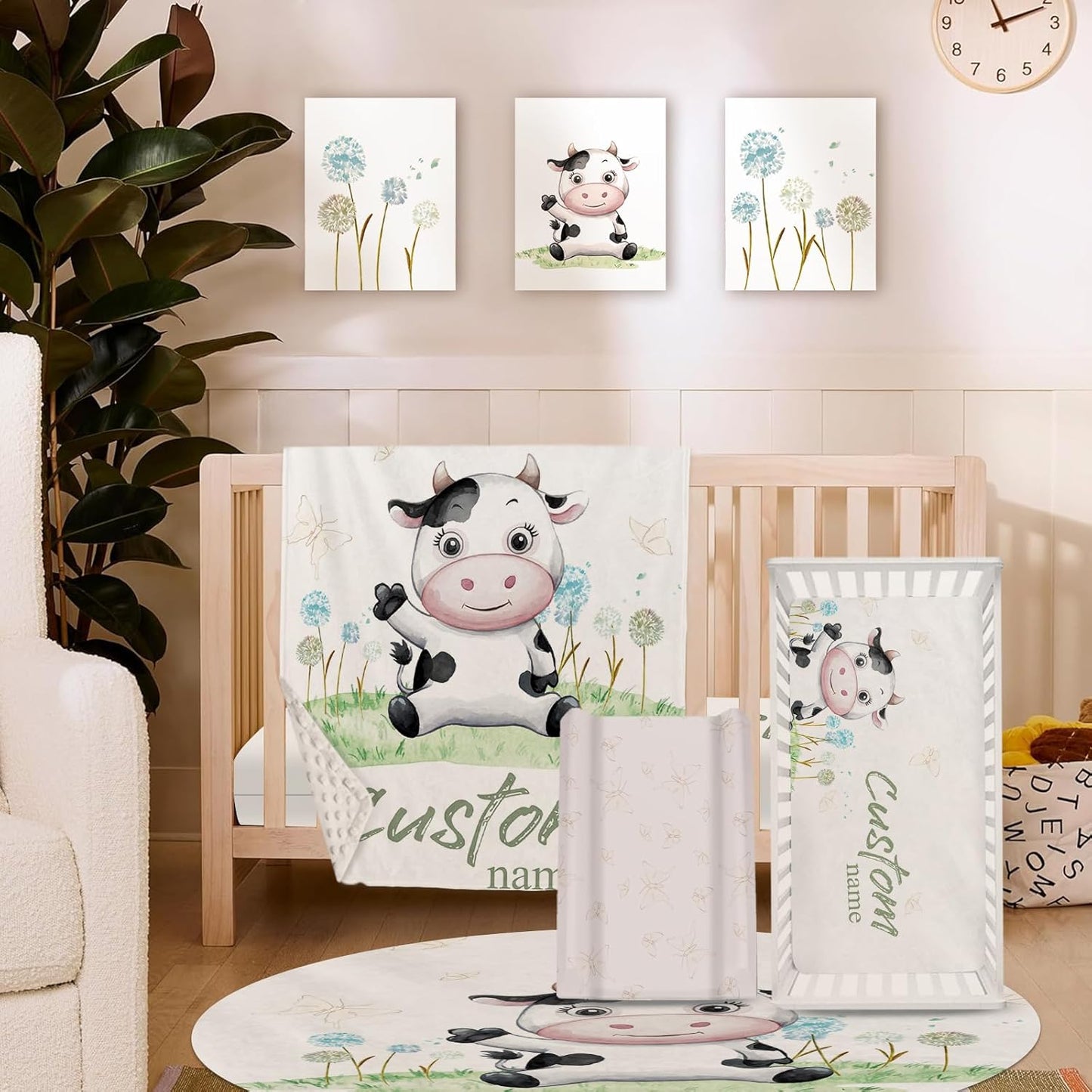 Personalized Baby Crib Bedding Set, 5-Piece Cows Design Baby Crib Sets with Custom Name, Toddler Double Layer Blanket Fitted Sheets Changing Pad Cover Rug Wall Art Set, Charming Nursery Decor