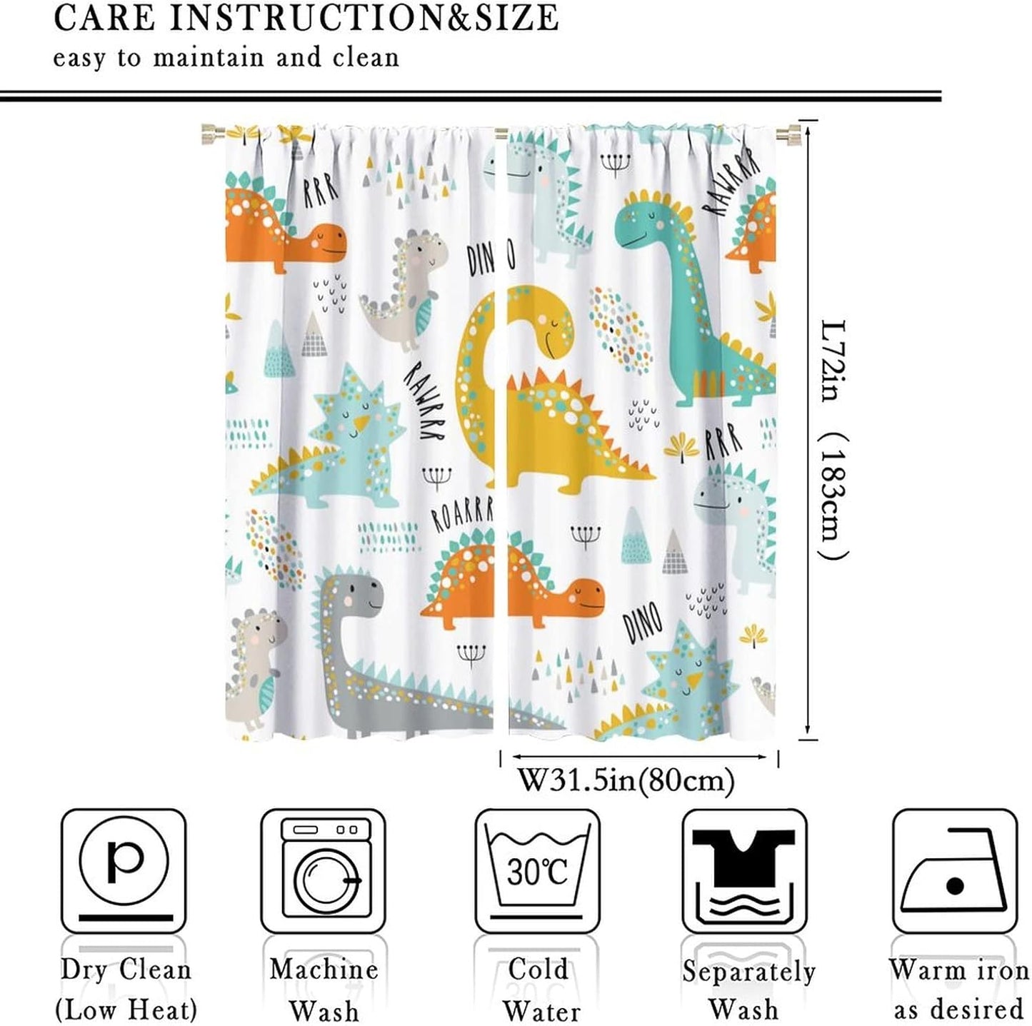 Dinosaur Curtains for Kids Boys Girls Home Decor Childish Cute Dino Animals Print Pattern Rod Pocket Blackout Window Drapes for Nursery Baby Bedroom Playroom W31.5xL72in 2 Panels