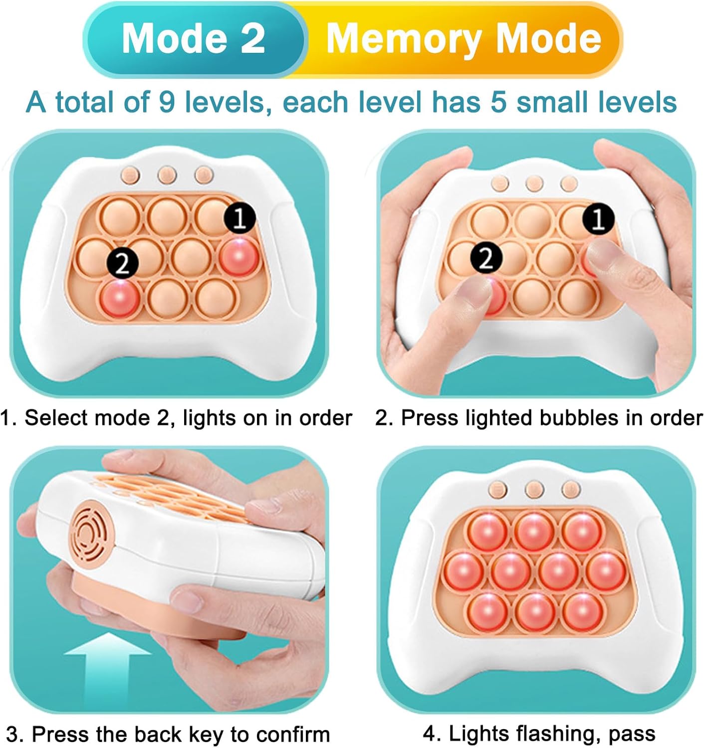 Pop Quick Push Game Console Light Up Sensory Fidget Toys Handheld Puzzle Popping Press Toy for Kids Adult Pink