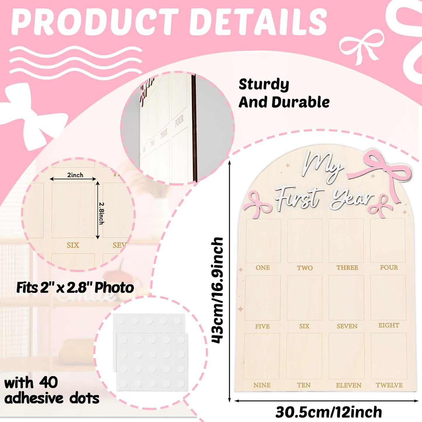 Pink Bow First Year Photo Board Coquette Bow Birthday Party Wooden Board Decorations 12 Monthly Milestone Picture Frame One Year Old Wood Sign 1st Birthday Photo Banner for Baby Girls Keepsake Gift