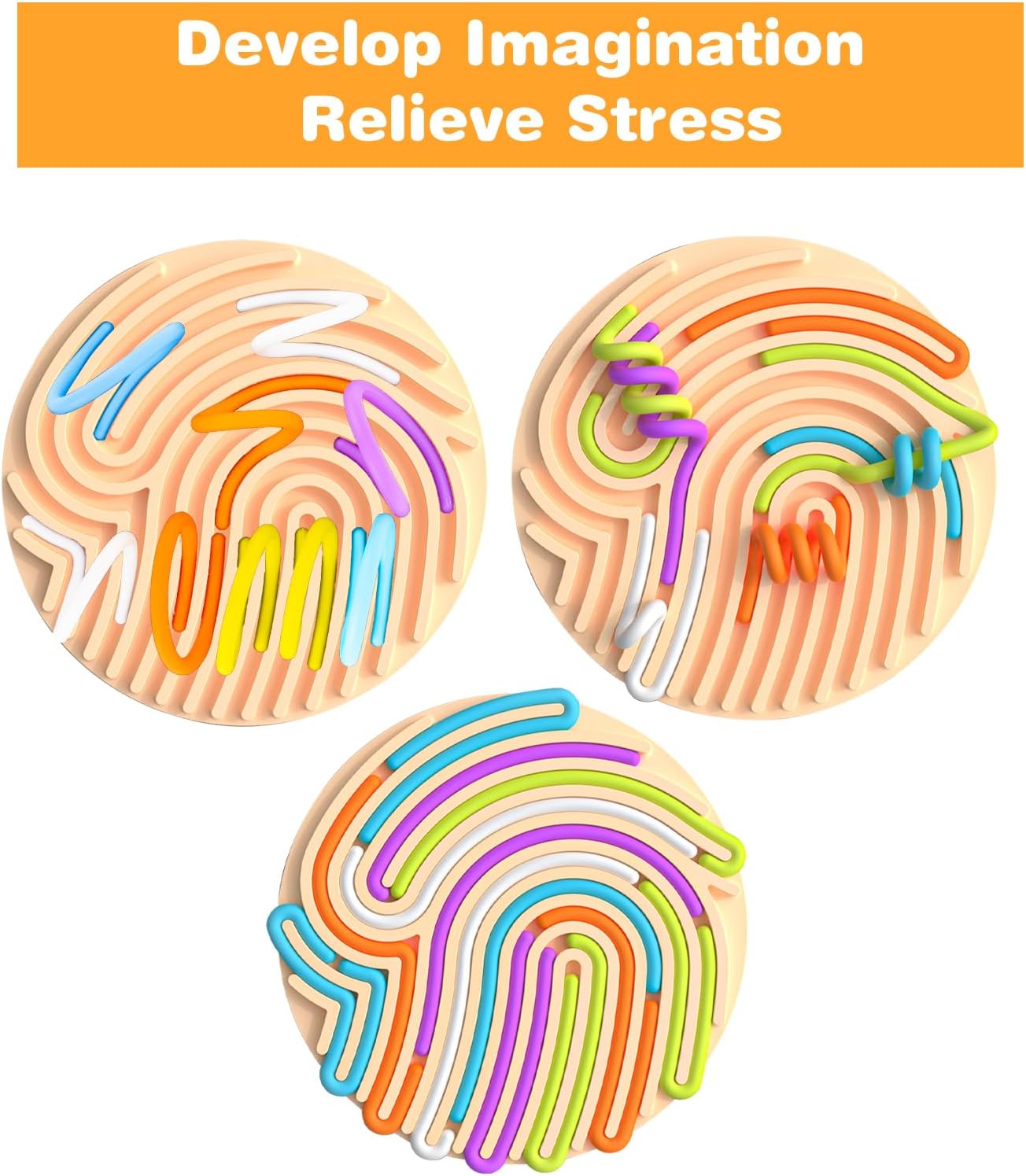 Sensory Activity Board Silicone Fidget Toys with Travel Bag and 13 Strings for Adults Kids Anxiety Relief Stress, ADHD & Autism (Beige, 6.6in)