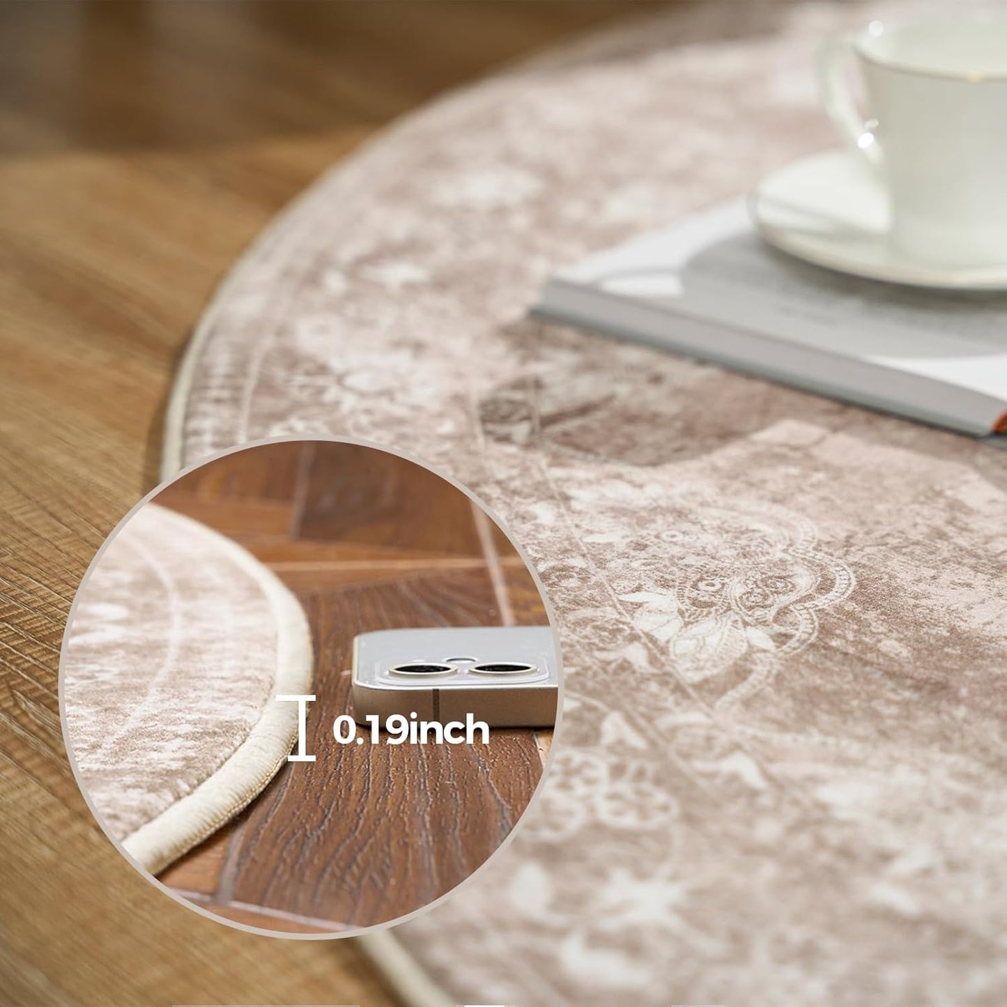 jinchan Round Rug 4ft Area Rug - Brown Vintage Floor Mat Kitchen Indoor - Washable Circle 4' Thin Floral Print Carpet Retro Farmhouse Non Slip Dining Room Living Room Bedroom Office