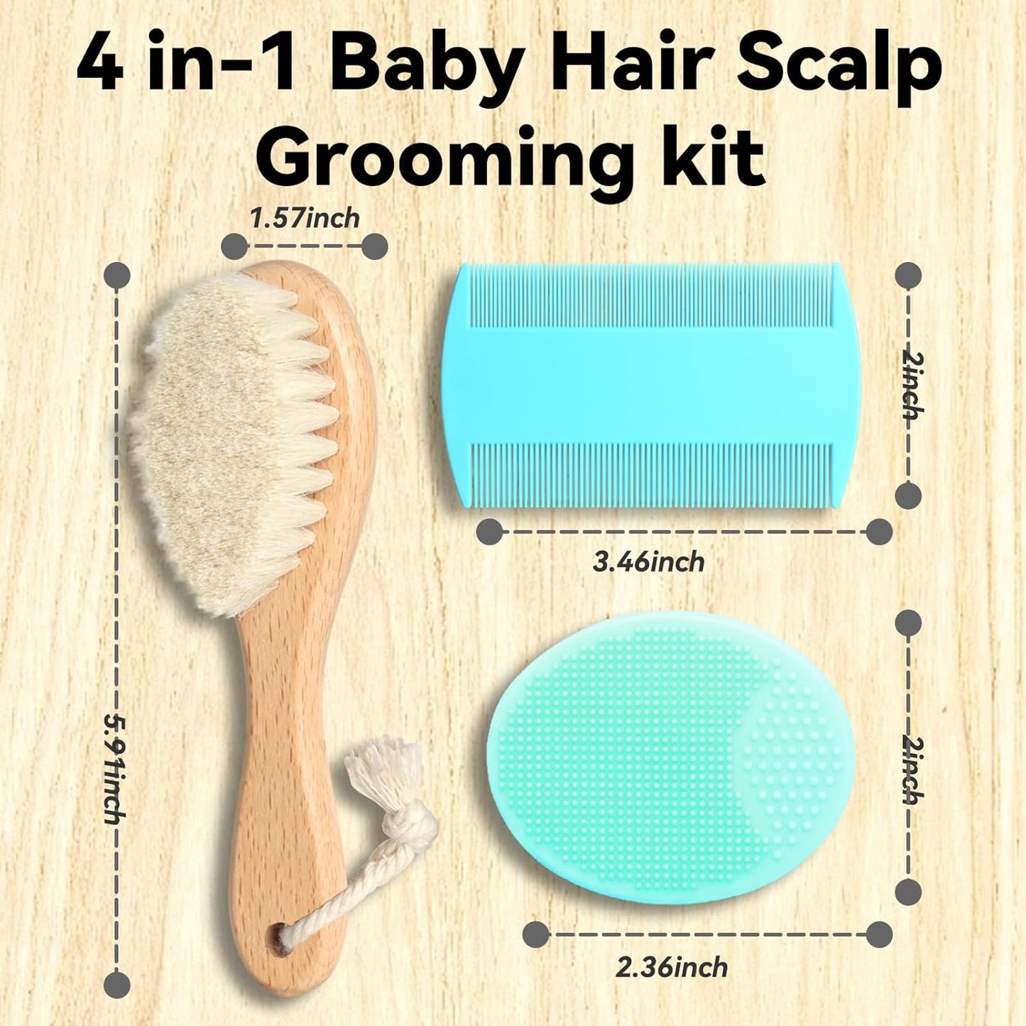 Goat Baby Hair Brush Set, 2pcs Wooden Soft Bristles Brush with Comb and Green Silicone Bath Brush for Newborns Toddlers Safe Natural Hair Care Kit