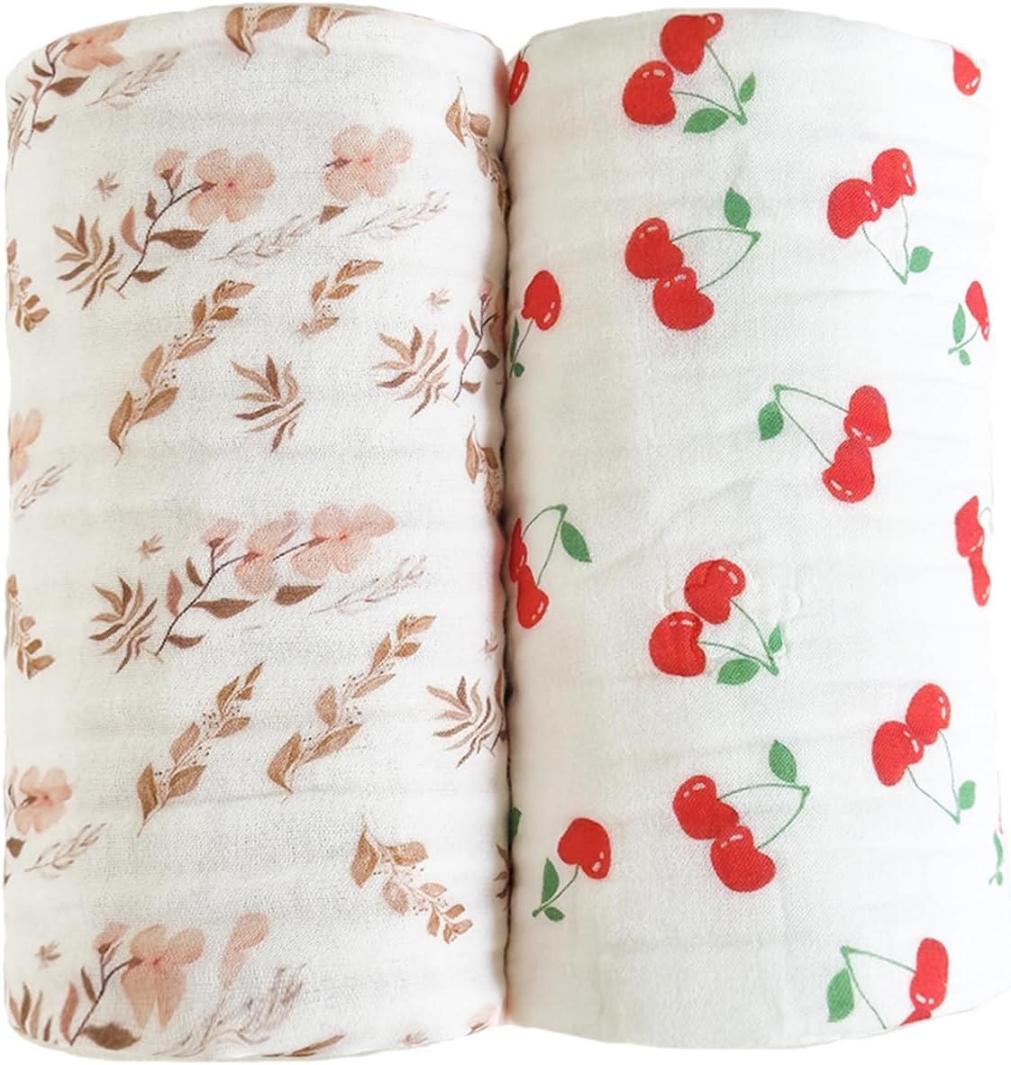 Pack of 2 Ultra Soft Muslin Baby Blankets for Girls Boys Breathable Lightweight Cotton Muslin Swaddle Blankets for Infant Toddler, Newborn Nursery Swaddling Wrap 43"X43" (Floral and Cherry)