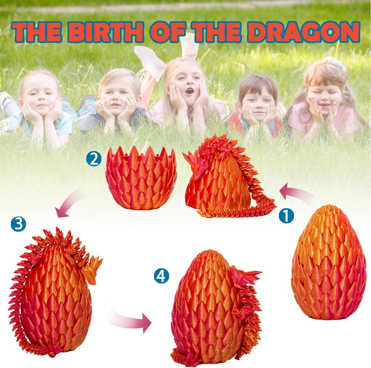 Dragon Eggs with Dragon Inside, 12In Laser Red Golden 3D Printed Dragon Egg Fidget Toy, Executive Desk Articulated Dragon Toy, Home Office Decor