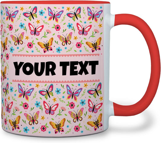 Personalized Mug for Kids - Butterflies - Custom Name/Text, Ceramic Hot Chocolate/Cocoa/Coffee Cup for Girls, Birthday/Christmas/Holiday Gift - 11 oz, Red Handle