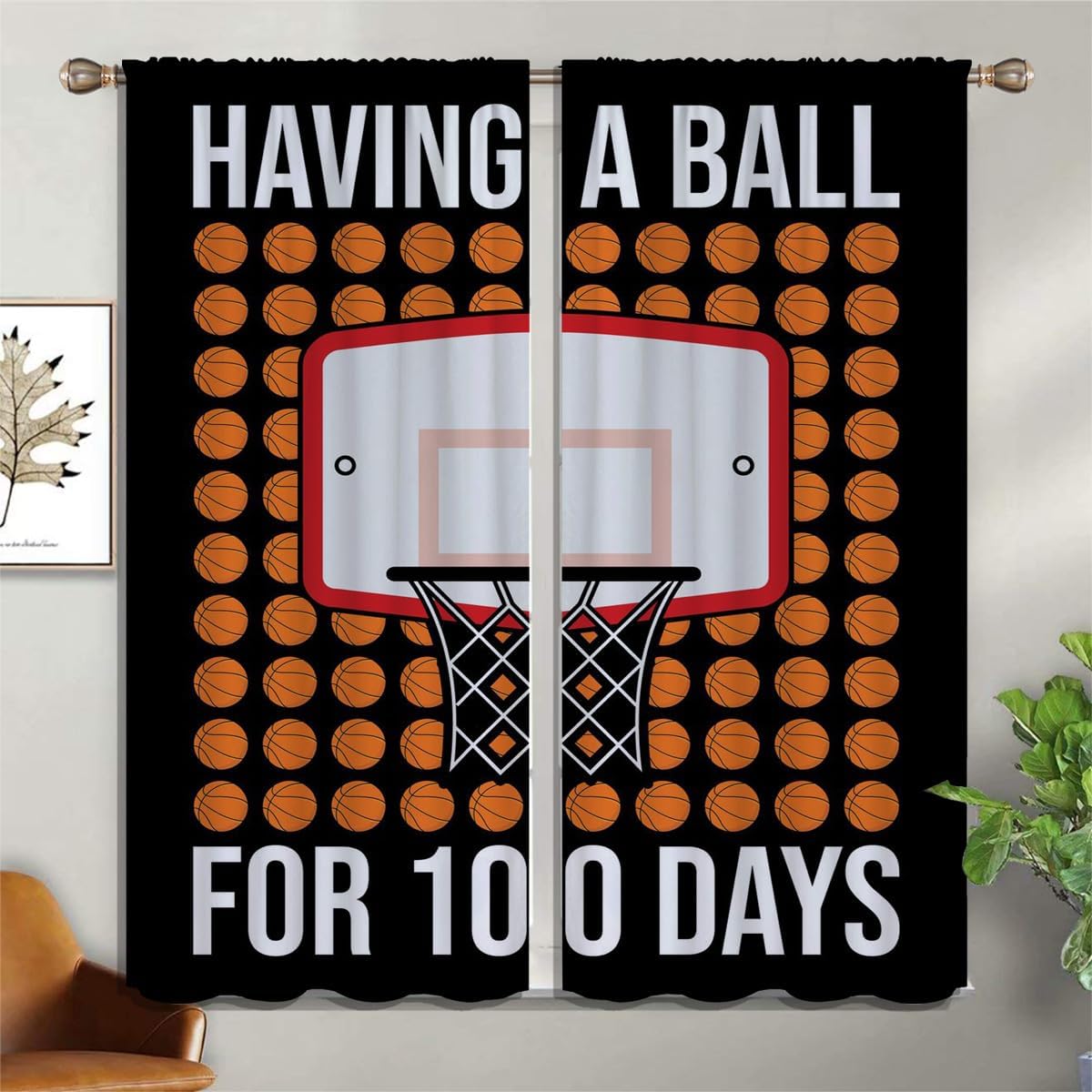 Basketball Blackout Curtains for Boy Girl Room Darkening Decor,Sports Themed Hoop and Many Basketballs Bedroom Living Room Home Rod Pocket Thermal Insulated Window Curtain/Drapes Panel,84x63 Inch…